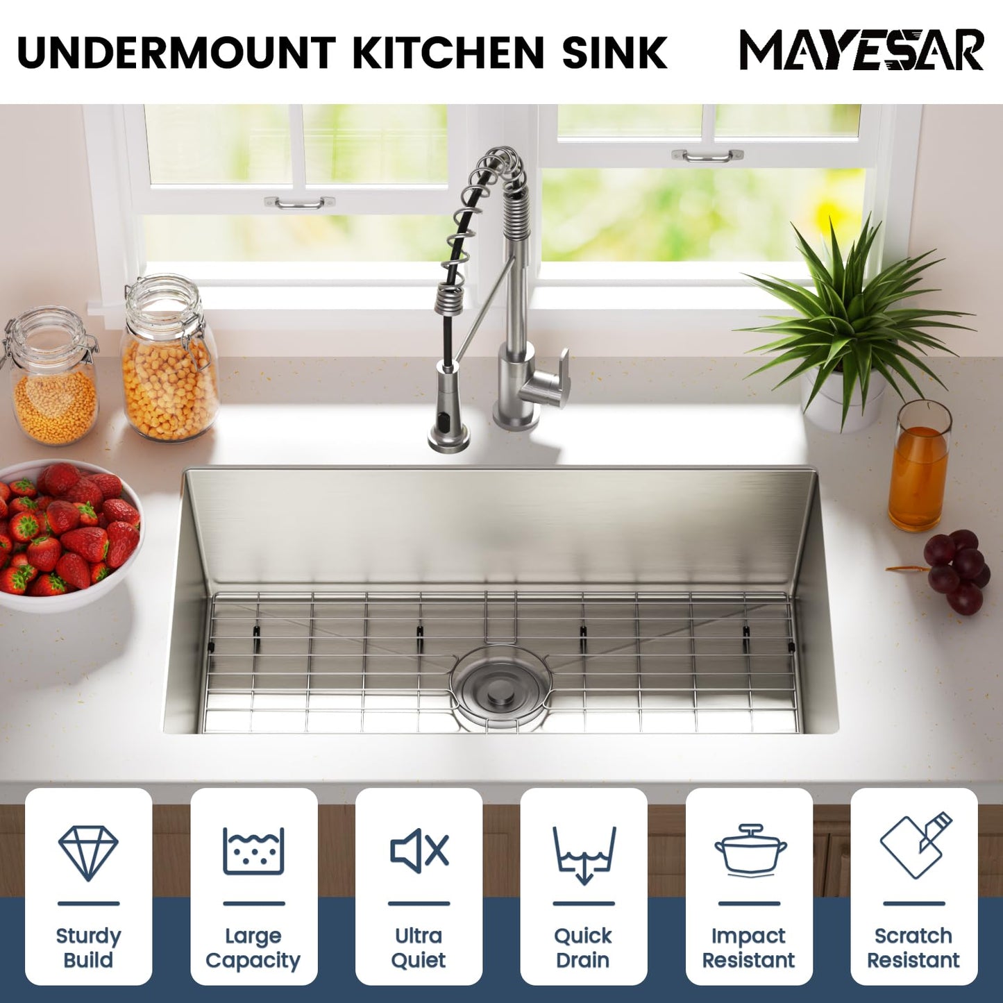 MAYESAR 30 Inch Undermount Kitchen Sink - 30 x 18 Stainless Steel Kitchen Sinks 16 Gauge Single Bowl 9" Deep Handmade Sink with Brushed Finish, Round Corner