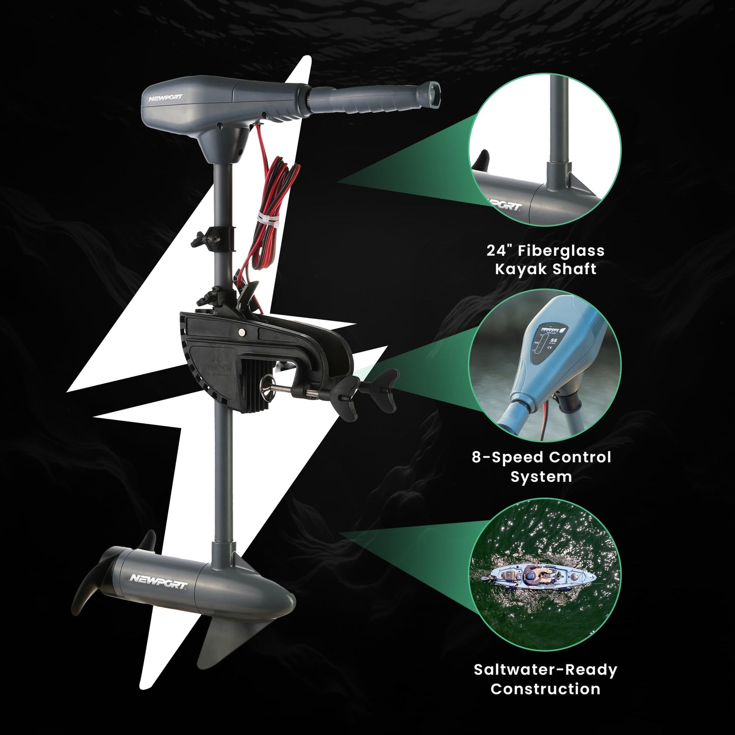 Newport Kayak Series 55lb Thrust Transom Mounted Saltwater Electric Trolling Motor w/LED Battery Indicator (24" Shaft)