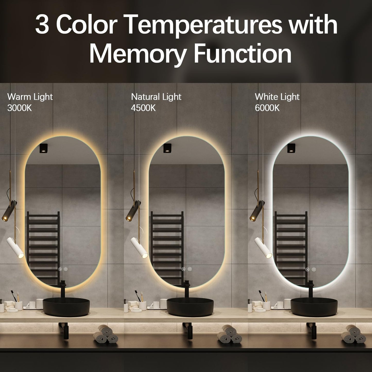Niccy Oval LED Bathroom Vanity Mirror, 48x24inch Frameless Backlit Mirror with Light, Smart Anti-Fog Waterproof Mirror with Memory Function Dimmable Lighted Mirror