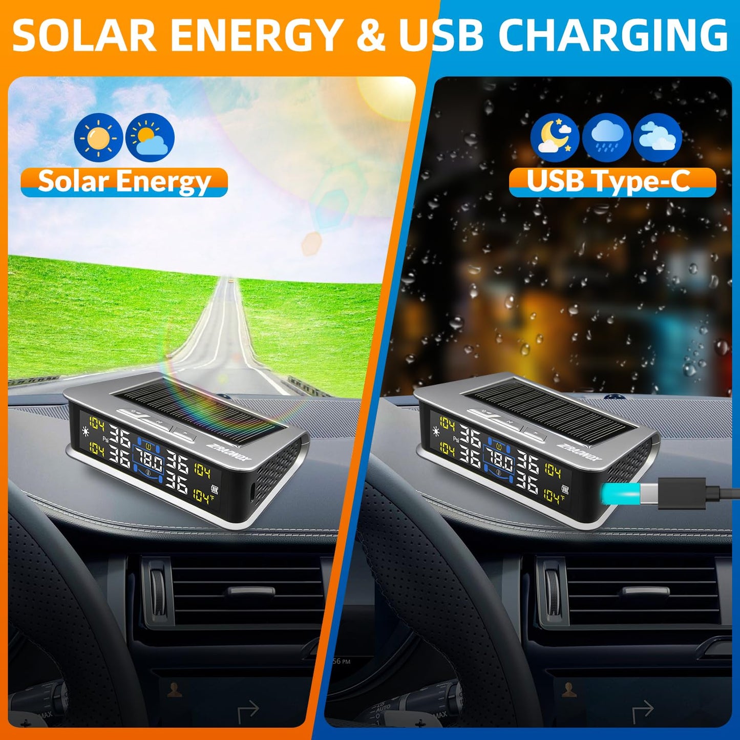 Zradnox Tire Pressure Monitoring System - TPMS with Solar & USB Charger, Tire Pressure Monitor System with 4 External sensors & 6 Alarm Modes, LCD Real-time Display, Auto on/Off Mode, Easy to Install