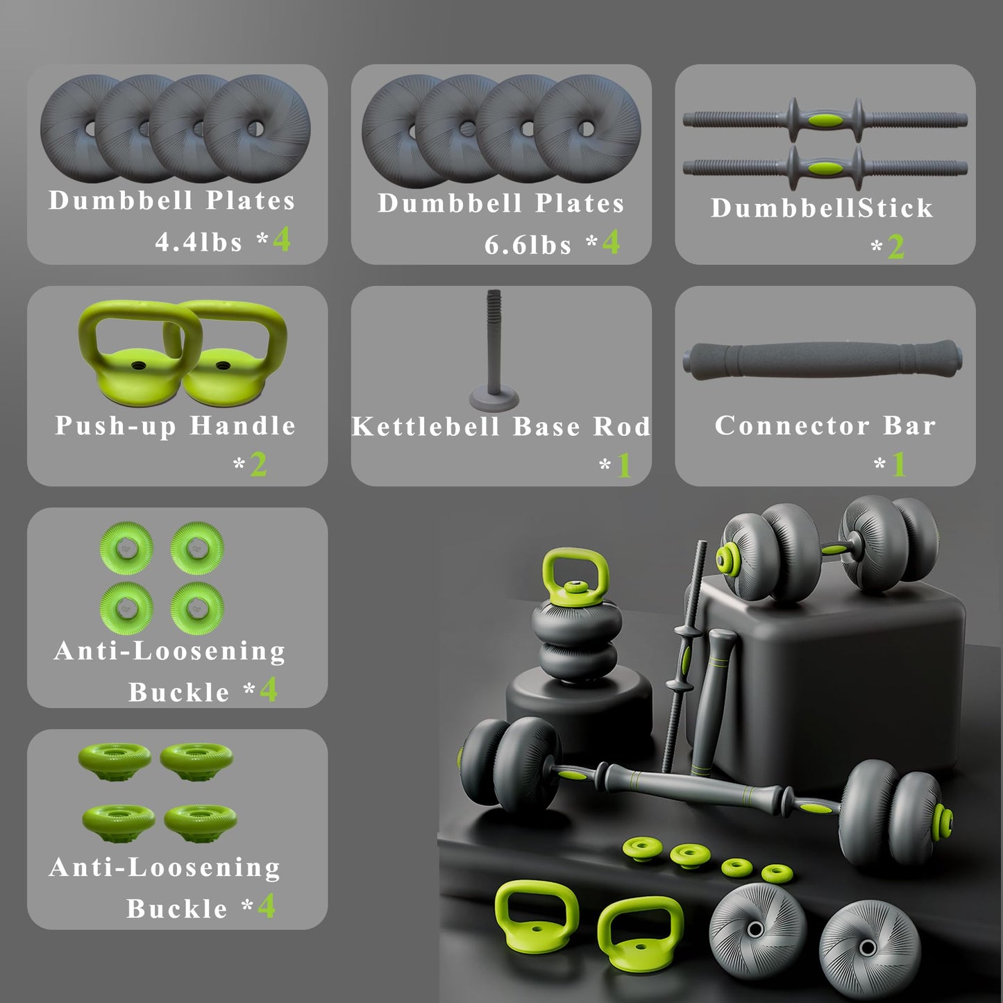 ZC FLYYD 5 in 1 Adjustable Dumbbell Set, Dumbbell/Barbell/Kettlebell/Medicine Ball, Weight Plates All-in-One Strength Training Kit for Home, Soft Rubber Coated Adjustable Workout Equipment - 44lbs