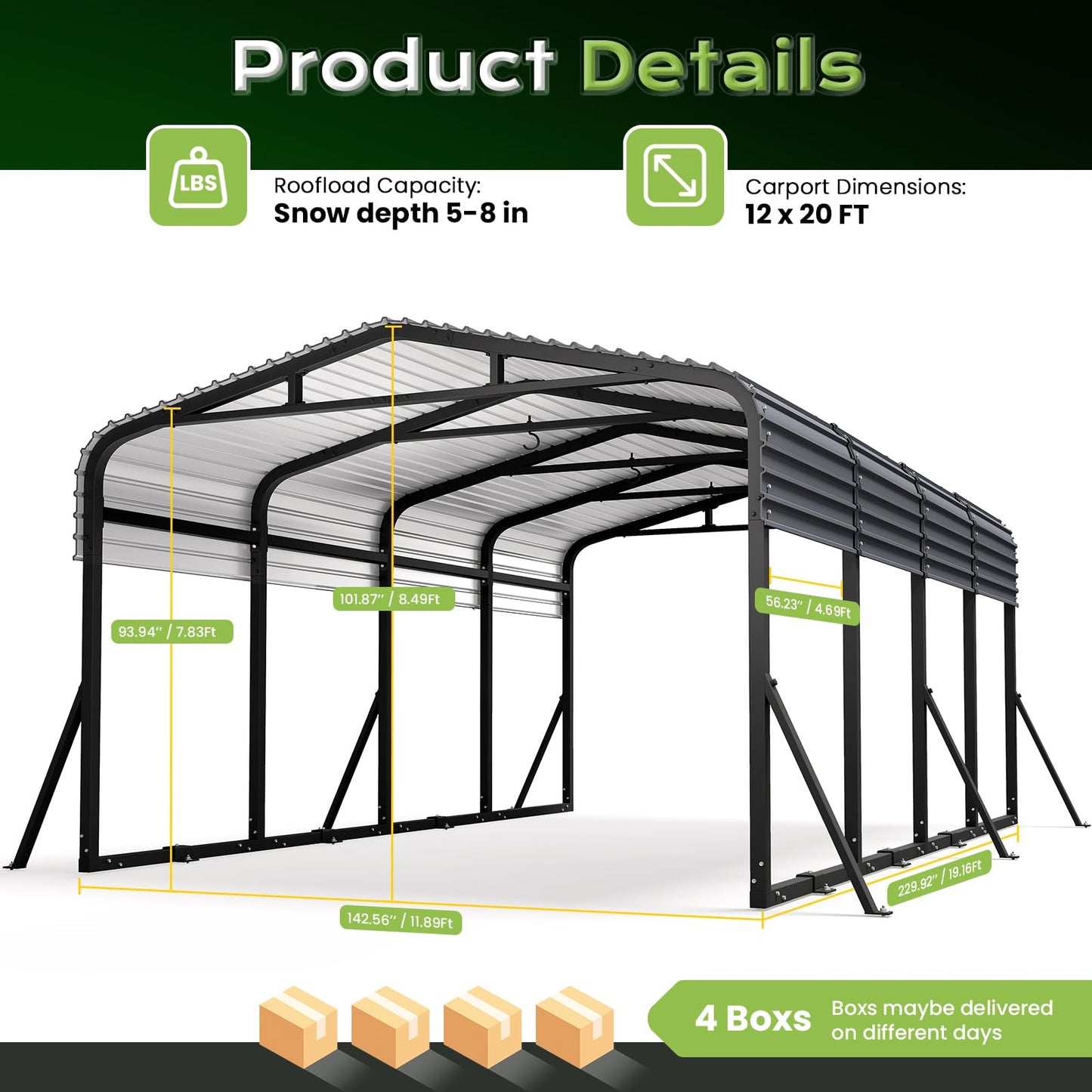 Jocoevol 12x20FT Heavy Duty Metal Carport, Outdoor Portable Car Garage w/Reinforced Support Rods & Windproof Ground Anchors, All-Season Versatile Outdoor Shelter for Car Boats Truck