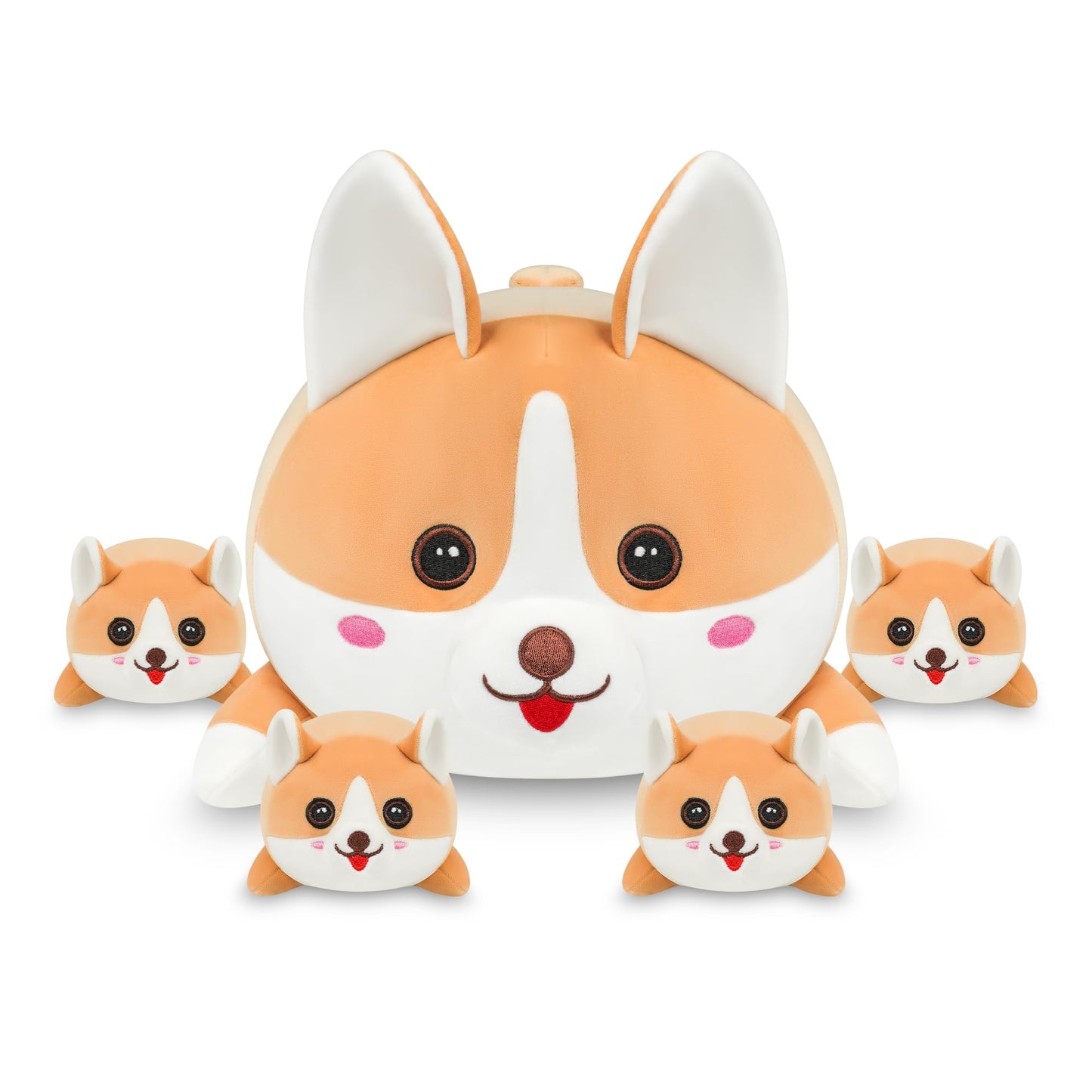 YIIQUWEN 17" Corgi Plush, Soft Stuffed Animal Dog Pillow Toy, Corgi Mommy with 4 Baby Puppy Family Set, Cute Birthday Gift for Kids Boys Girls