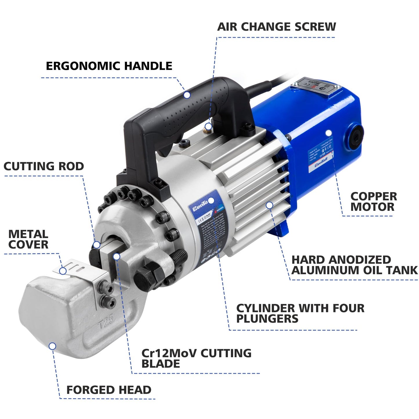 CENTALL 1" Electric Hydraulic Rebar Cutter 2-3S Cutting Speed Portable Rebar Cutter Cutting Rebar 4-25mm #8 120v/60hz (RC25 Blue/Black)
