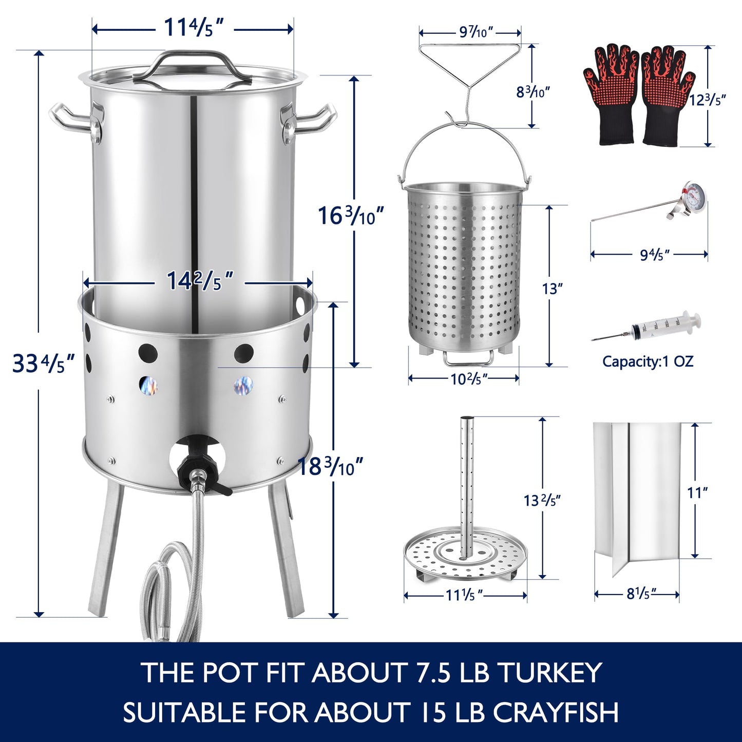 ARC 32QT Stainless Steel Turkey Fryer Kit With Burner, Seafood Boil Pot And Burner With Basket,Crawfish Boil Tamale Steamer Crab Boil Pot With Injector Thermometer, High Temperature Resistant Gloves