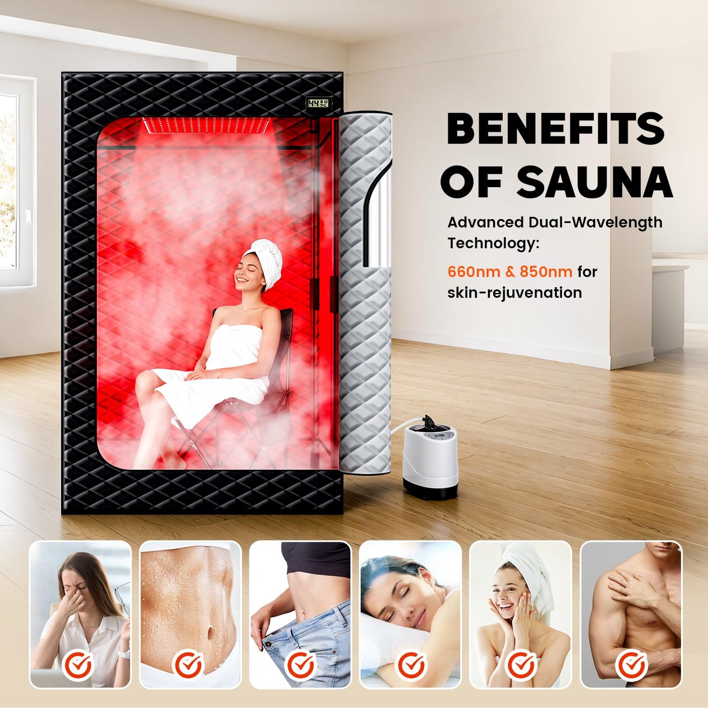 Viconor Red Light Sauna, Portable Steam Infrared Sauna with 660nm & 850nm Red Light Therapy for Home, Full Body Steam Sauna Box for Relaxation, 3L/1200W Steamer, 9 Levels Heat, Timer, Folding Chair