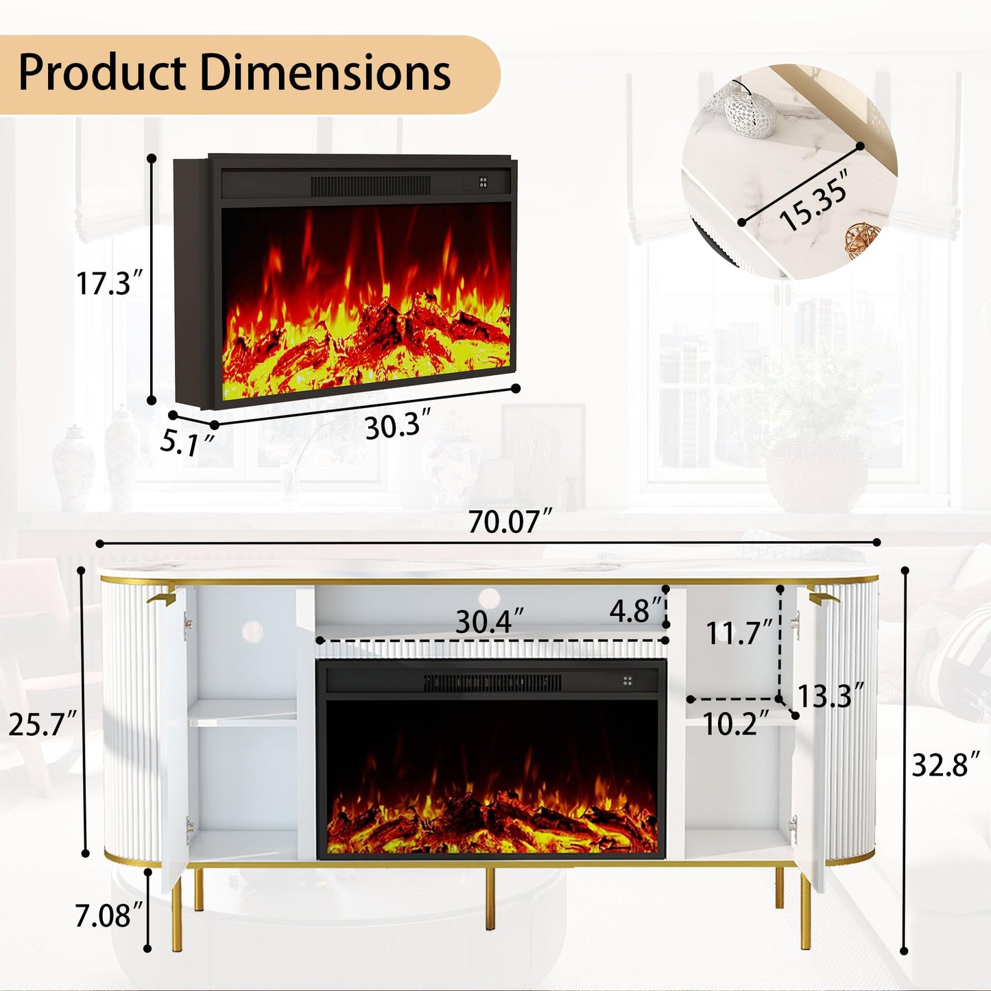 Fluted Fireplace TV Stand: 70" White Entertainment Center with 30" Electric Fireplace, TV Console for 80 inch TVs, Luxury Media Console with Faux Marble Top for Living Room (White)