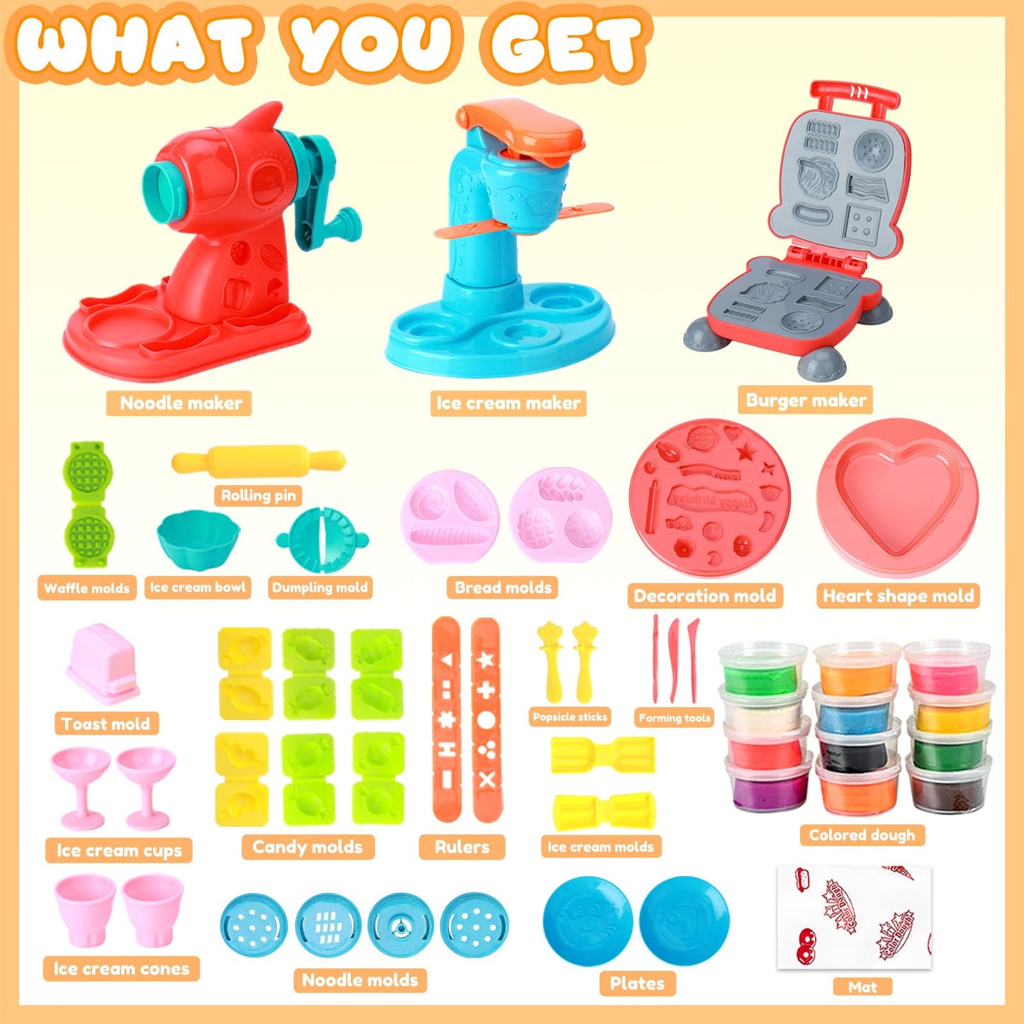 Crelloci 3 in 1 Color Dough Kitchen Creations Set, Ice Cream Spaghetti Burger Maker Machine, Art Crafts Food Modeling Toys, Accessories Tools Kit for Boys Girls Kids Toddlers Ages 3+ (12 Colors Dough)