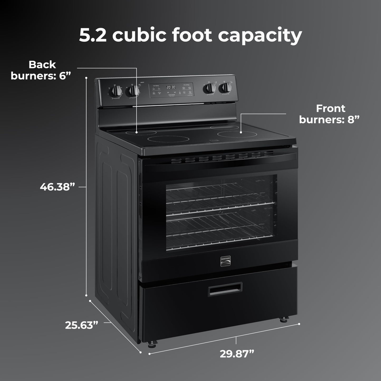 Kenmore 5.2 cu ft. Rear Control Electric Range - 4 Cooktop Elements - Steam Clean Oven & Hidden Bake for Easy Cleaning - Ultra-Durable Chrome Racks & Storage Drawer - Black