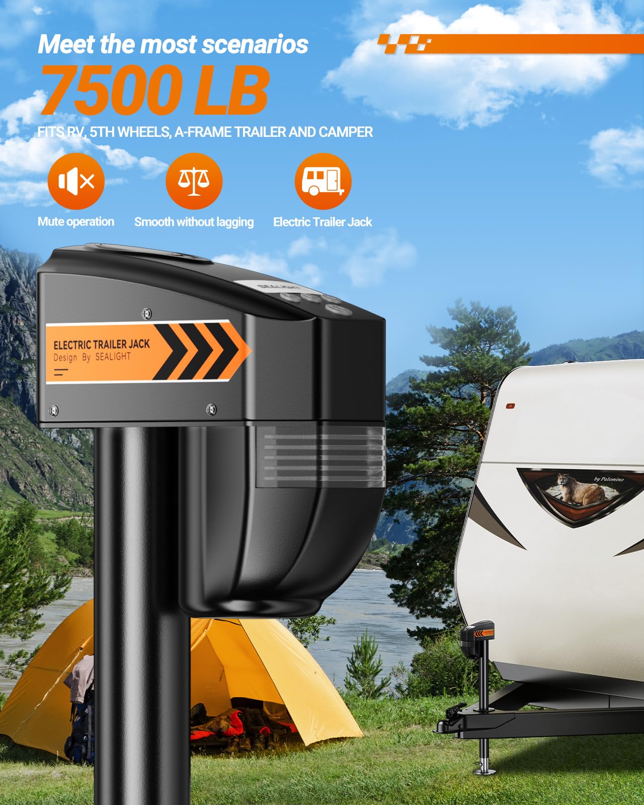SEALIGHT 7500LB Electric Trailer Jack with Remote Control,Range up to 30 Meters,Electric Tongue Jack, 9.84“-33.85“ Lift, Power Jack for A-Frame, Utility and RV Trailer,12V DC and LED Light