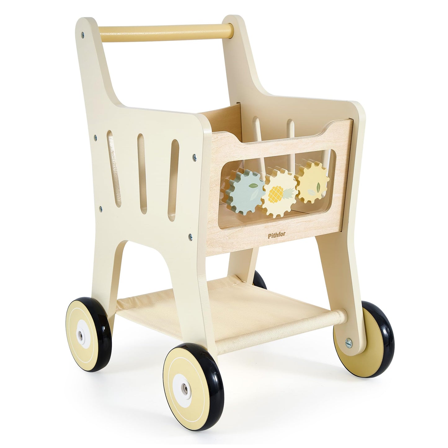 Pithfor Wooden Shopping Cart for Kids, 3 in 1 Wooden Baby Push Walker, Baby Doll Stroller, Toy Shopping Cart for Toddlers 1-3