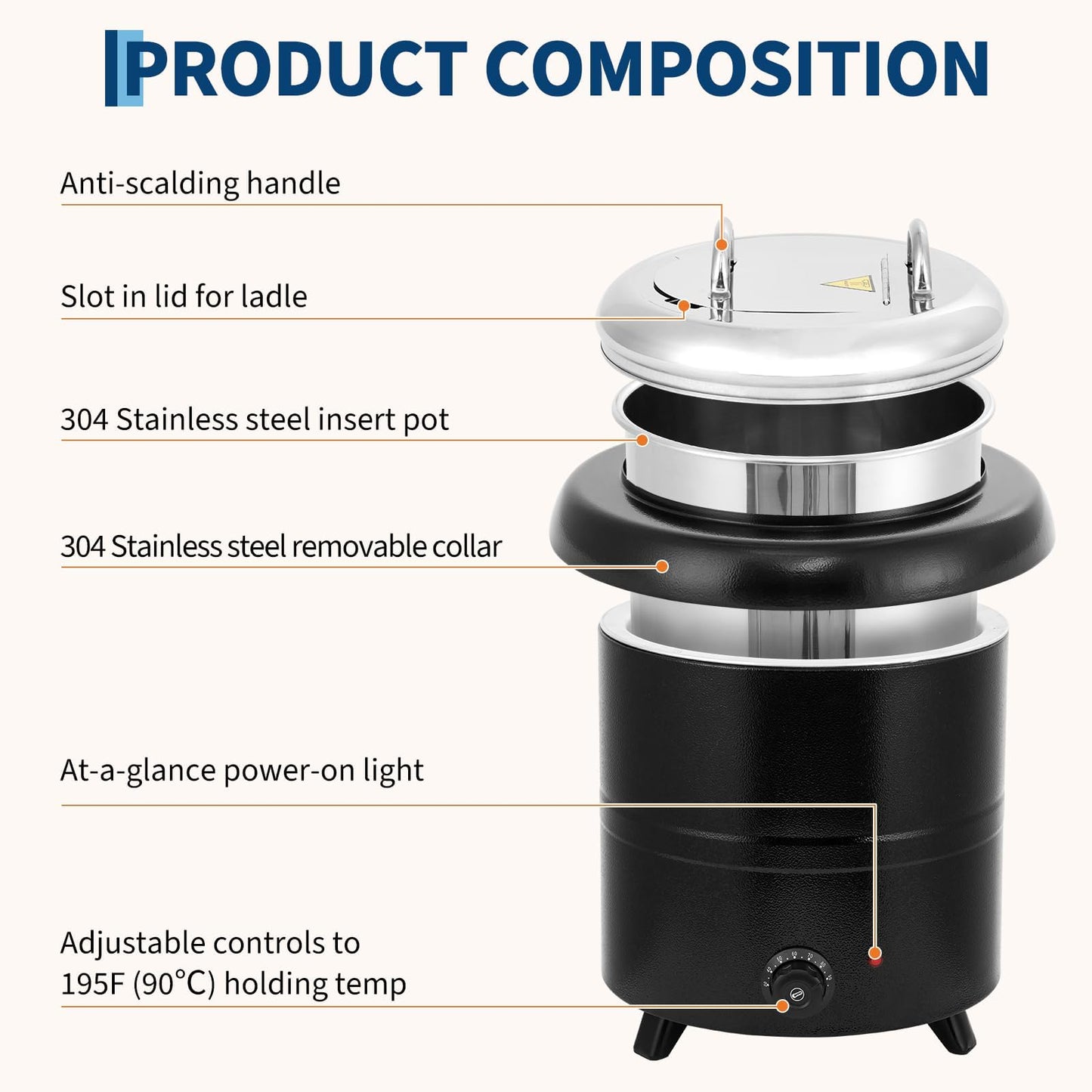GarveeHome Soup Warmer, 13.7 Qt Commercial Grade Soup Kettle with Swing Lid and Detachable Stainless Steel Insert Pot, Food Warmer with Anti-Scald Handle for Restaurants, Buffet, Catering