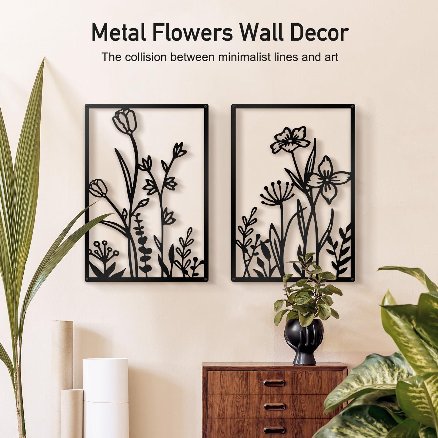 Sokurdeg Black Metal Flowers Wall Decor, Minimalist Floral Wall Hanging Art, Black Abstract Line Wall Art Sculptures for Bedroom Bathroom Living Room (4 Pcs, 12 x 17 in)