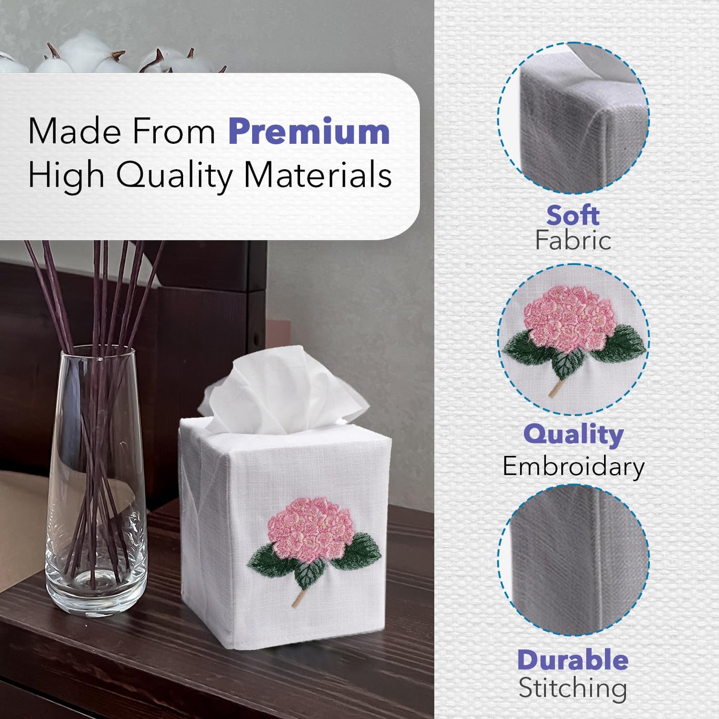 Jacaranda Living Square Tissue Box Cover, Linen/Cotton Fabric Tissue Holder, Decorative Cloth Tissue Cube Cover, Cover, Botanical Designs, Potted Primrose (Pink)