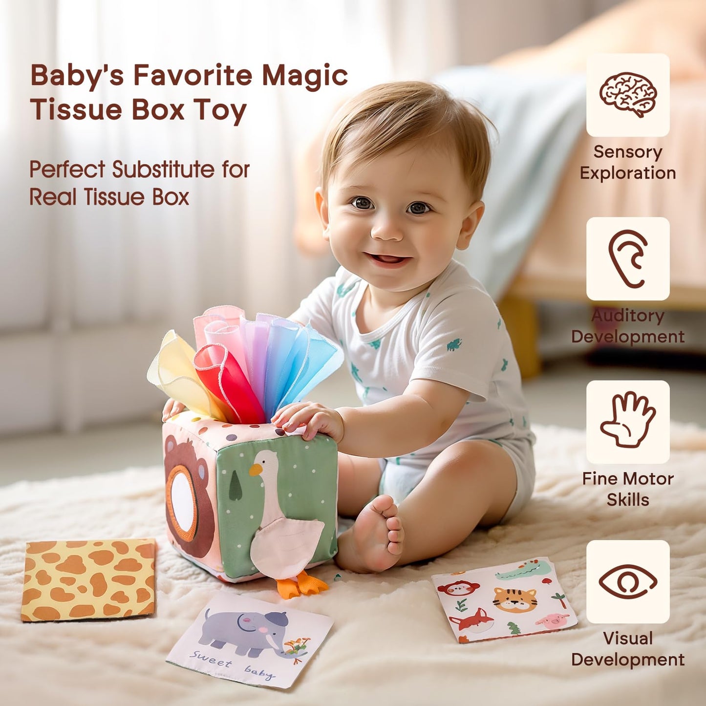 Youuys Baby Toys 6-12 Months Toys ( Montessori Toys Baby Tissue Box Sensory Toys & Jungle Soft Stuffed Animal Set with Rattle) - Toddlers Sensory Montessori Toy for 6 12 18 Months