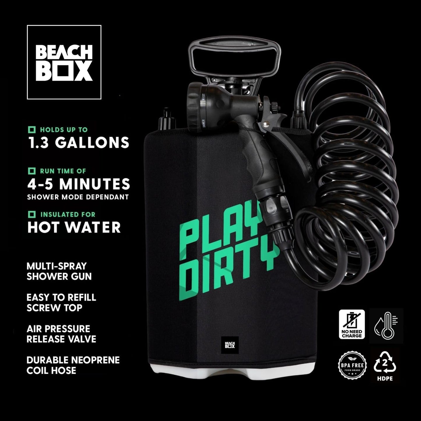 BeachBox 5 L Portable Shower for Camping with 5-Mode Spray Gun | Hand Pump (40–50 PSI), Neoprene-Insulated 7 ft Hose, Screw-Top Lid & Valve | Outdoor Portable Camp Shower (Play Dirty/Black)