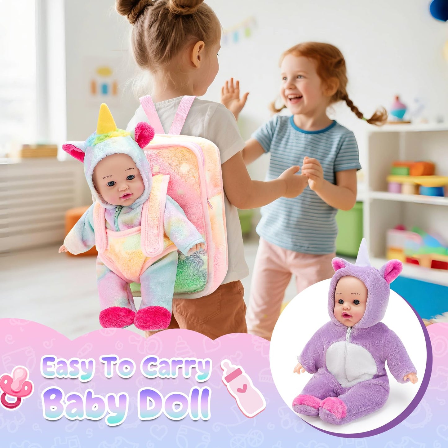 deAO 12 Inch Soft Baby Doll Backpack Glow in Dark Carrier Playset Toys Baby Care Toys Set with 12''Doll Clothes Bottle Accessories Birthday Gift for Toddlers Boys Girls