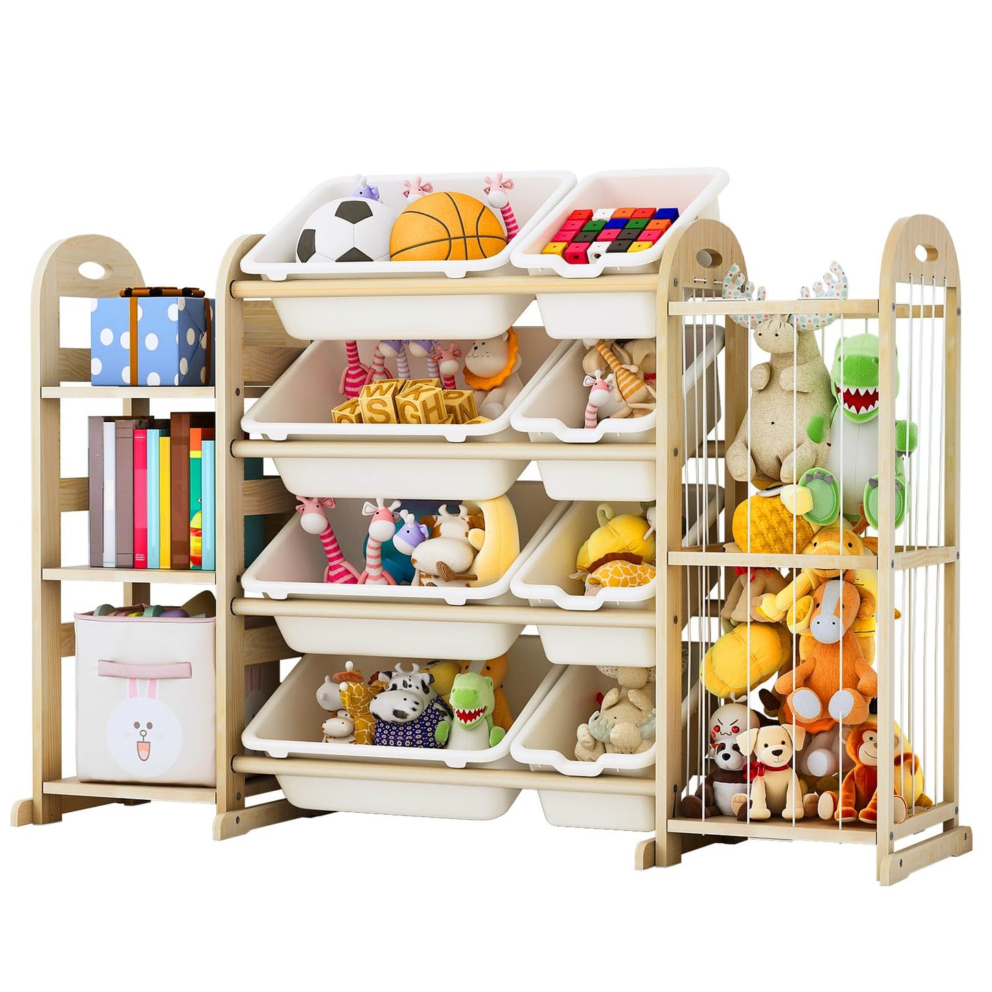 Wooden Toy Storage Organizer, Toy Organizers & Storage with Stuffed Animal Storage, Toy Storage Shelf with 3 Shelves, 8 Storage Bins, Kids Bookshelf, Toy Holder for Toddler Rooms, Playrooms, Bedrooms