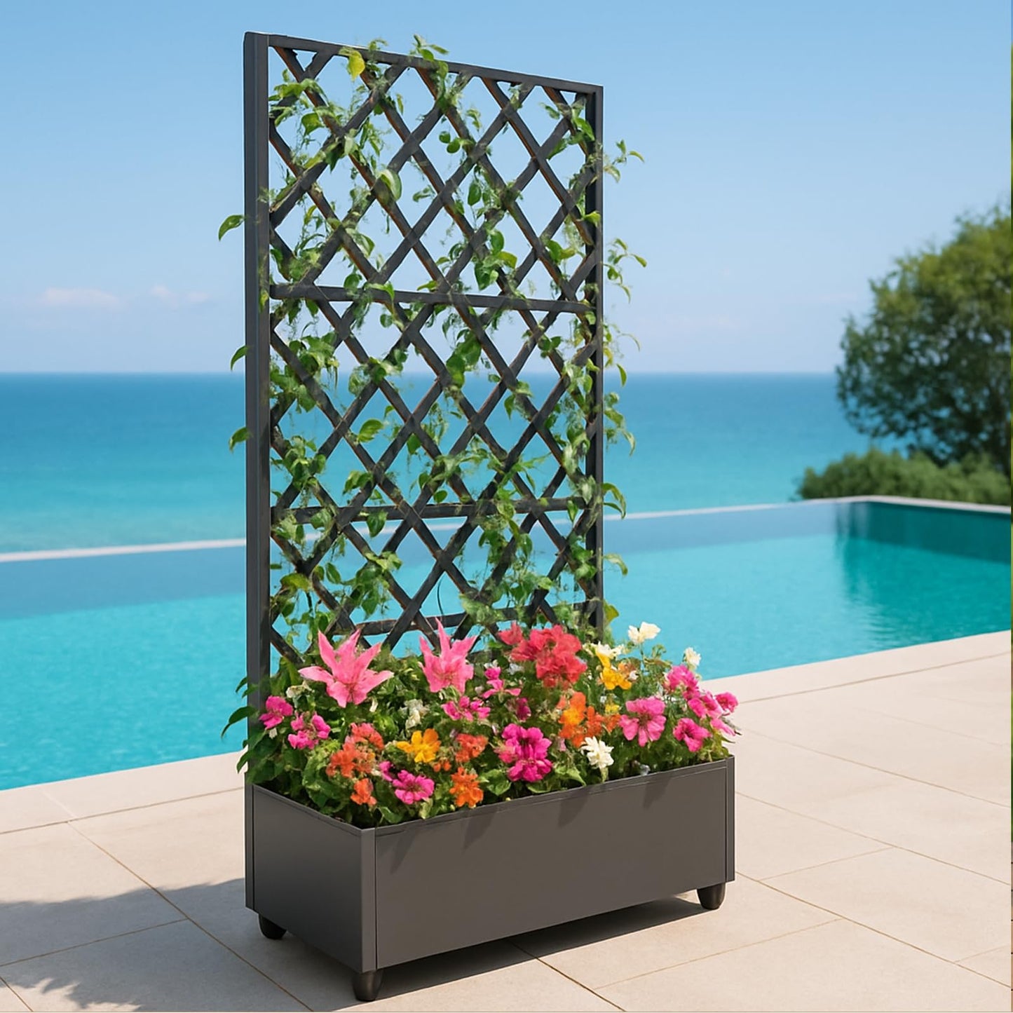 GarveeLife Metal Planter Box, with Diamond Lattice Trellis Planter Box, for Climbing Plants and Vines, Galvanized Raised Garden Bed on Wheels, Garden Bed with Trellis(72 in x35 in Black)