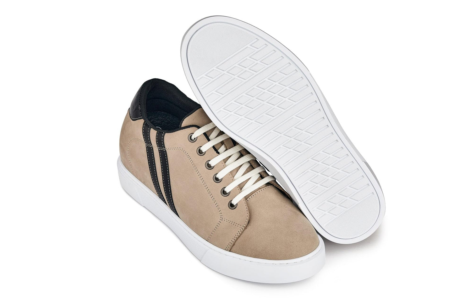 CALTO Men's Invisible Height Increasing Elevator Shoes - Nubuck Taupe Leather Lace-up Fashion Sneakers - 2.8 Inches Taller - K1552 - Size 9 D(M) US
