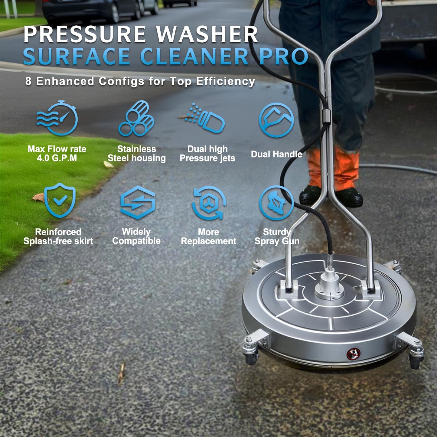 RAYNEL 30'' Pressure Washer Surface Cleaner with 4 Wheels, Dual Handle, Stainless Steel Housing, 2 Hose Adapters, 4 Replacement Nozzles and 5 Spray Nozzles