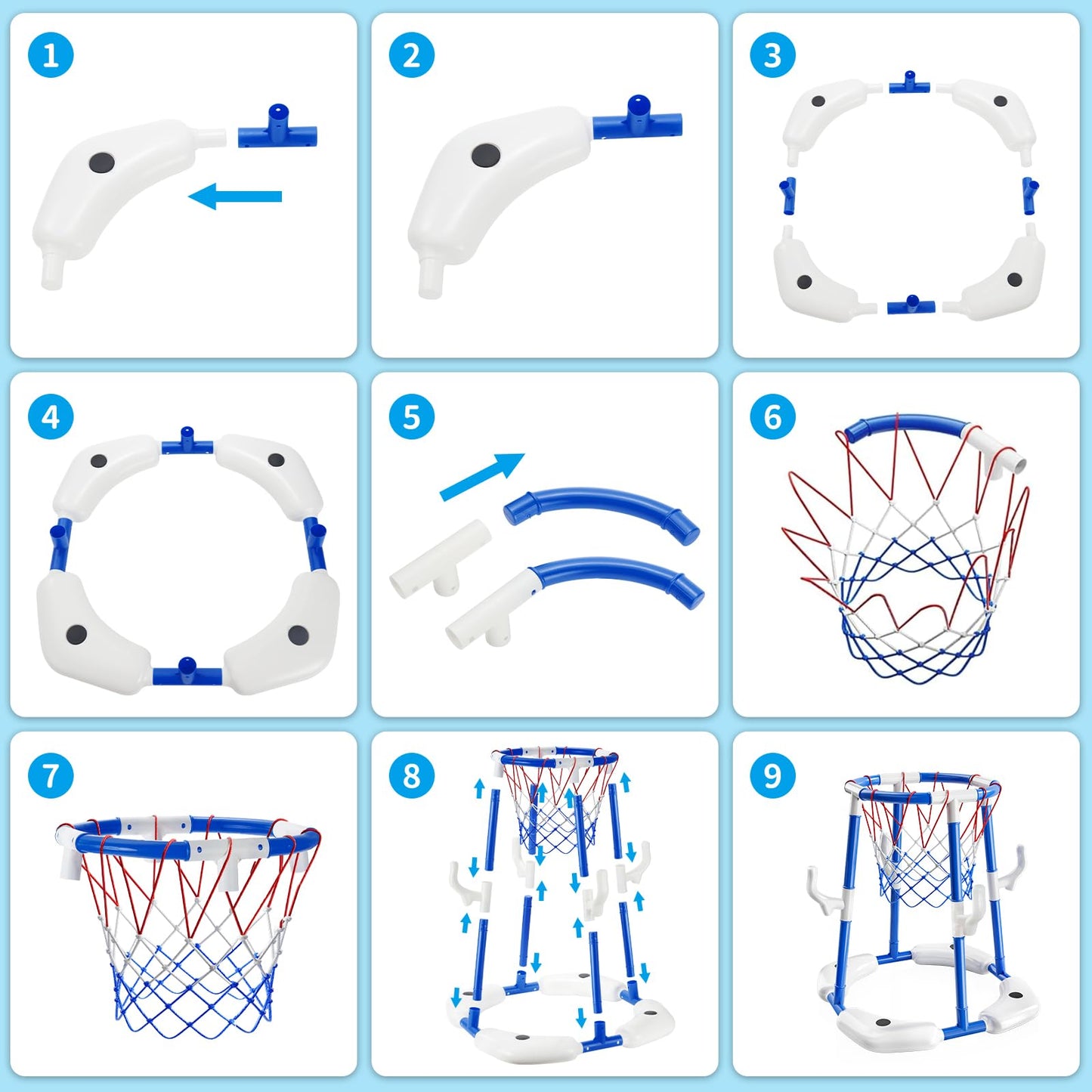 Sitodier Pool Basketball Hoop for Kids, 2-in-1 Floating Pool Basketball Play Toys and Ring Game with 4 Balls and Pump, Outdoor Summer Swimming Pool Basketball Games Family Party for Kids Adults (Blue)