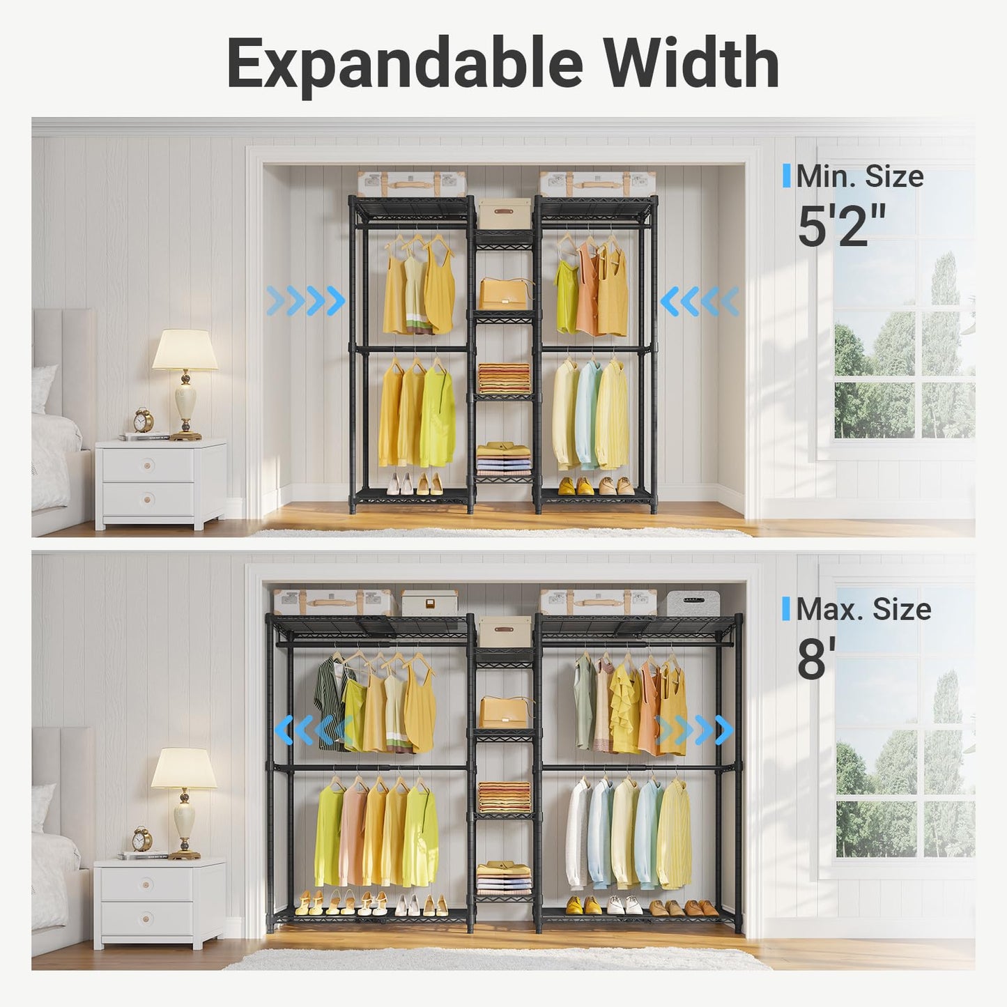 VIPEK X3 Expandable Heavy Duty Clothes Rack Adjustable from 5'2" to 8' with Adjustable Shelves and Hanger Rods, Large Freestanding Clothing Racks Reach-in & Walk-in Closet, Max Load 1210LBS, Black