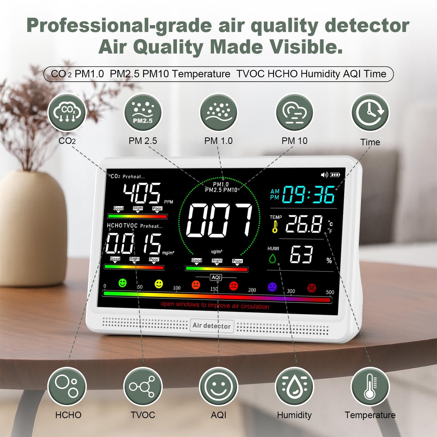 16-in-1 Air Quality Monitor Indoor, 7" Display with 9 AQI Metrics & 7 AQI Alarms, Monitors CO2, PM2.5, PM1.0, PM10, HCHO, TVOC, Temperature, Humidity & AQI, Time, for Home,Office, Car, Plants & Pets