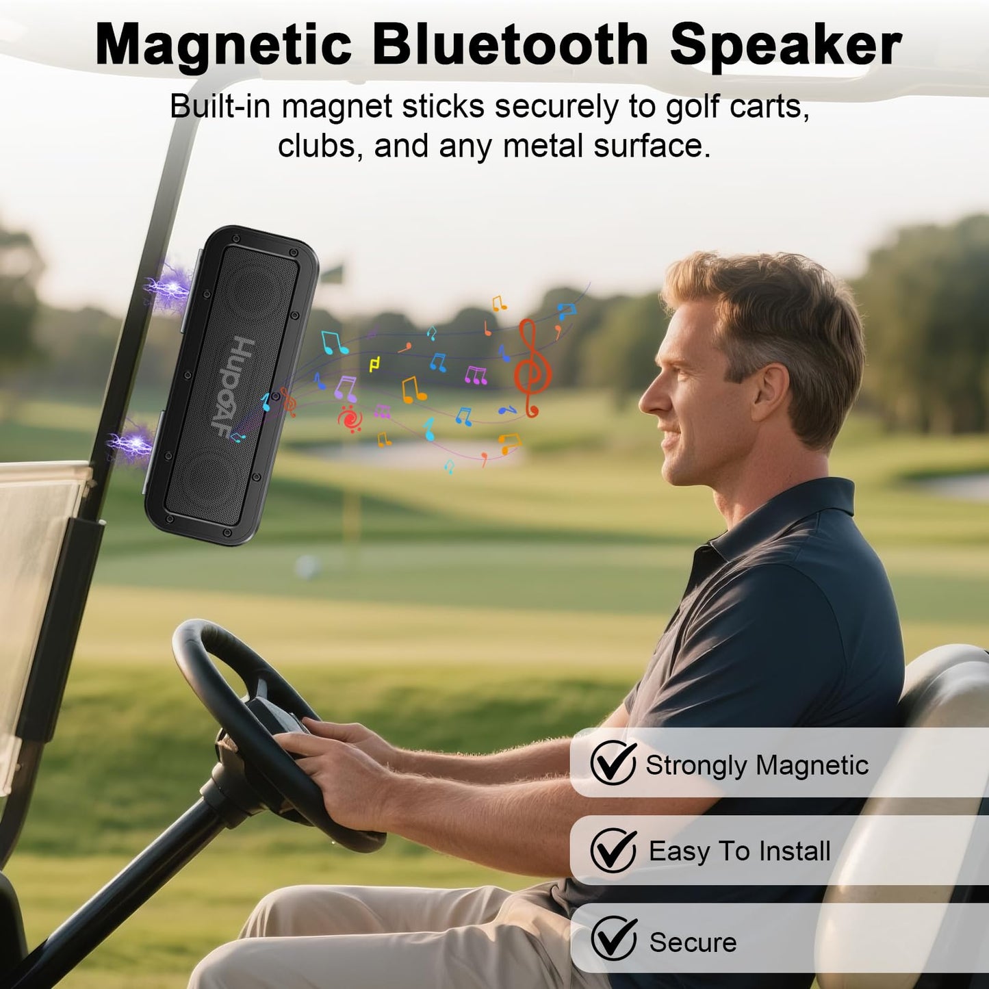 Hupoaf Portable Bluetooth Golf Speaker, 50W Strong Magnetic Bluetooth Speaker Wireless, 6600mAh Loud Stereo Sound, 30Hrs Dual Pairing for Golf Cart, IPX7 Waterproof, SD Card for Camping/Home/Outdoor