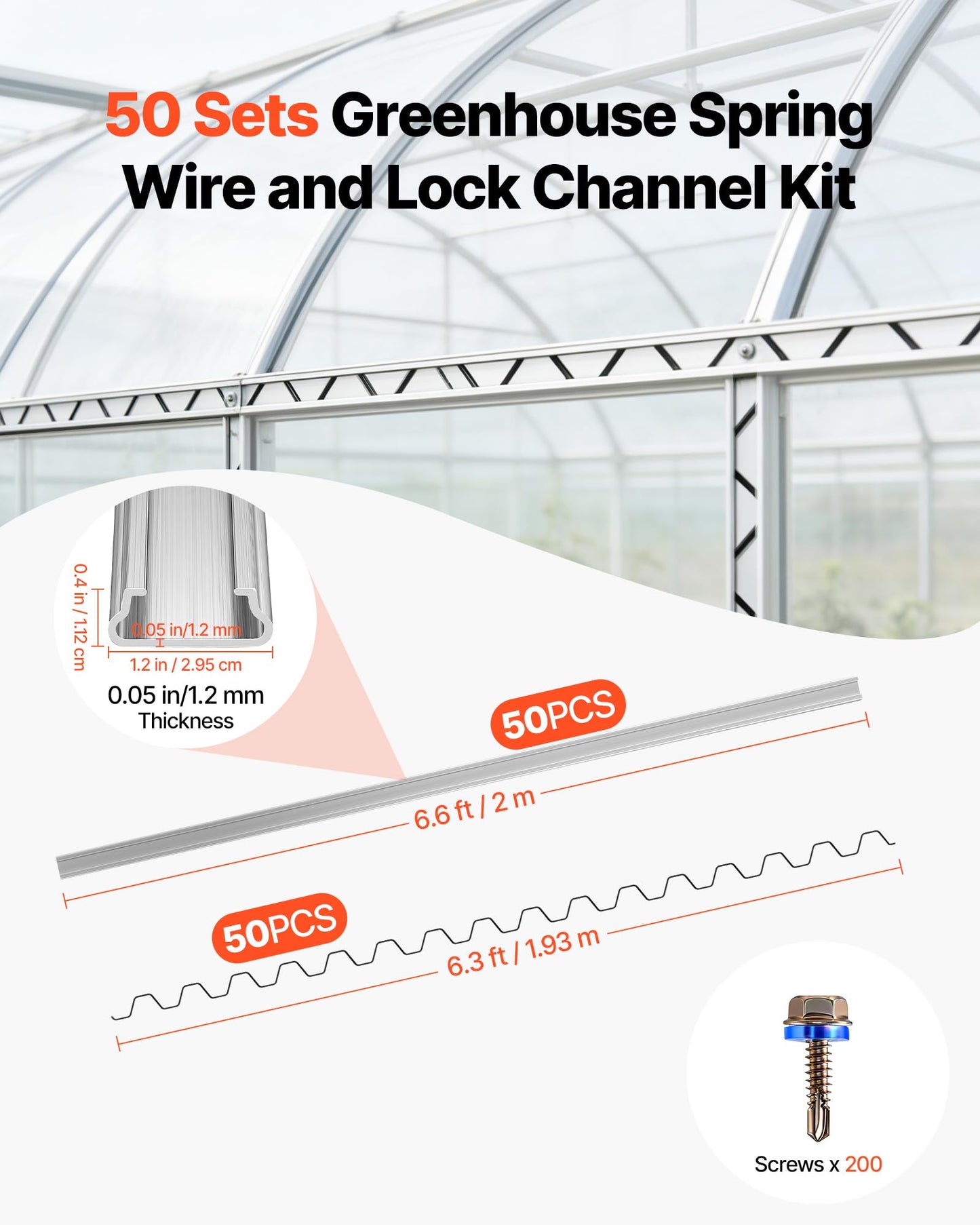 VEVOR Greenhouse Spring Wire and Lock Channel, 50 Packs 6.56 ft PVC-Coated Wiggle Wire & Aluminum Alloy Channel Bundle Kit with Included Screws, 0.05 in Thickened, Poly Film & Shade Cloth Attachments