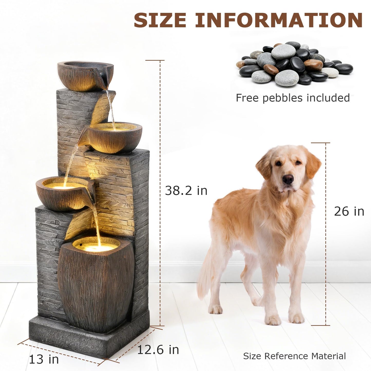 Pivotify 38.2" Tall Water Fountain Outdoor Garden,4 Tiers Modern Cascading Bowls and Stacked Stones Indoor Fountains with LED Lights for Garden, Patio, Deck, Porch, Backyard and Home Art Decor(Grey)