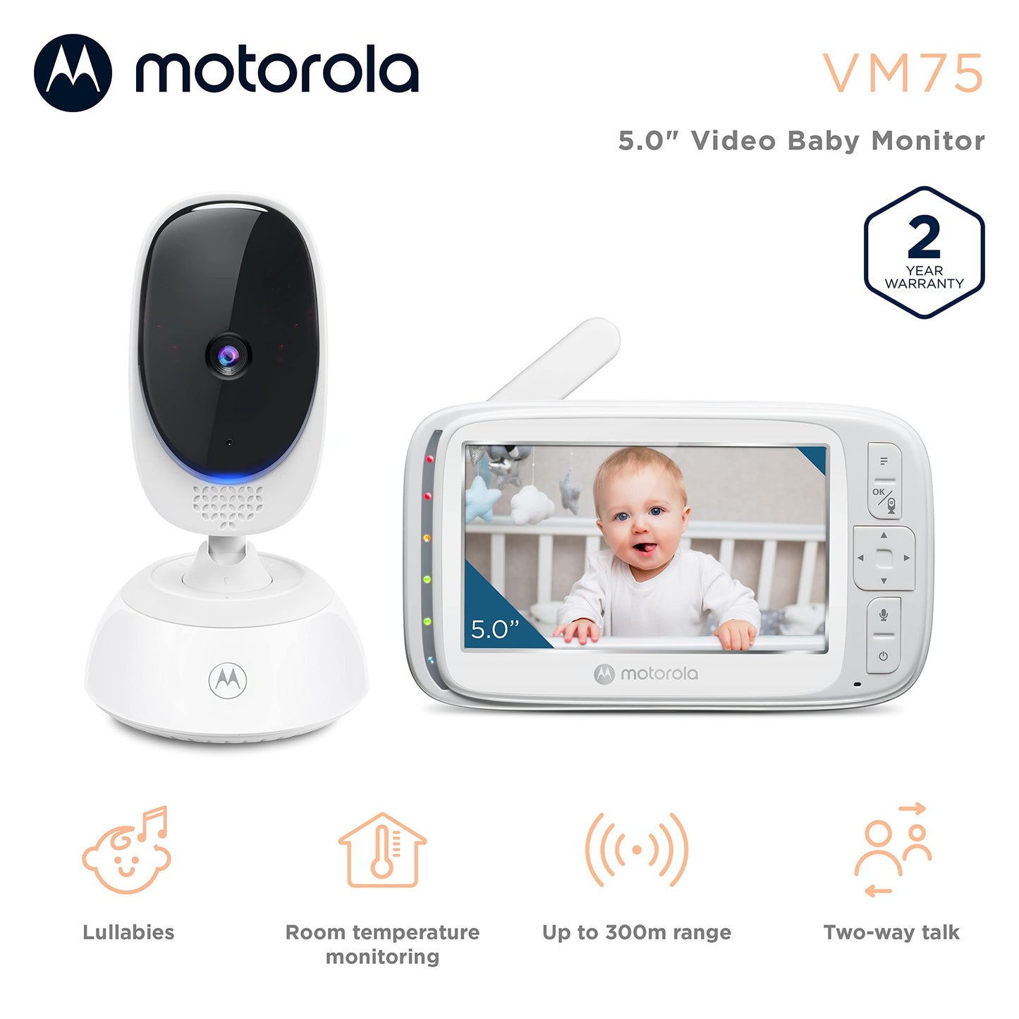 Motorola Nursery VM75 Video Baby Monitor Camera, 1000ft Range no WiFi 2.4 GHz Wireless, 5" Screen, 2-Way Audio, Temperature Sensor, Night Vision