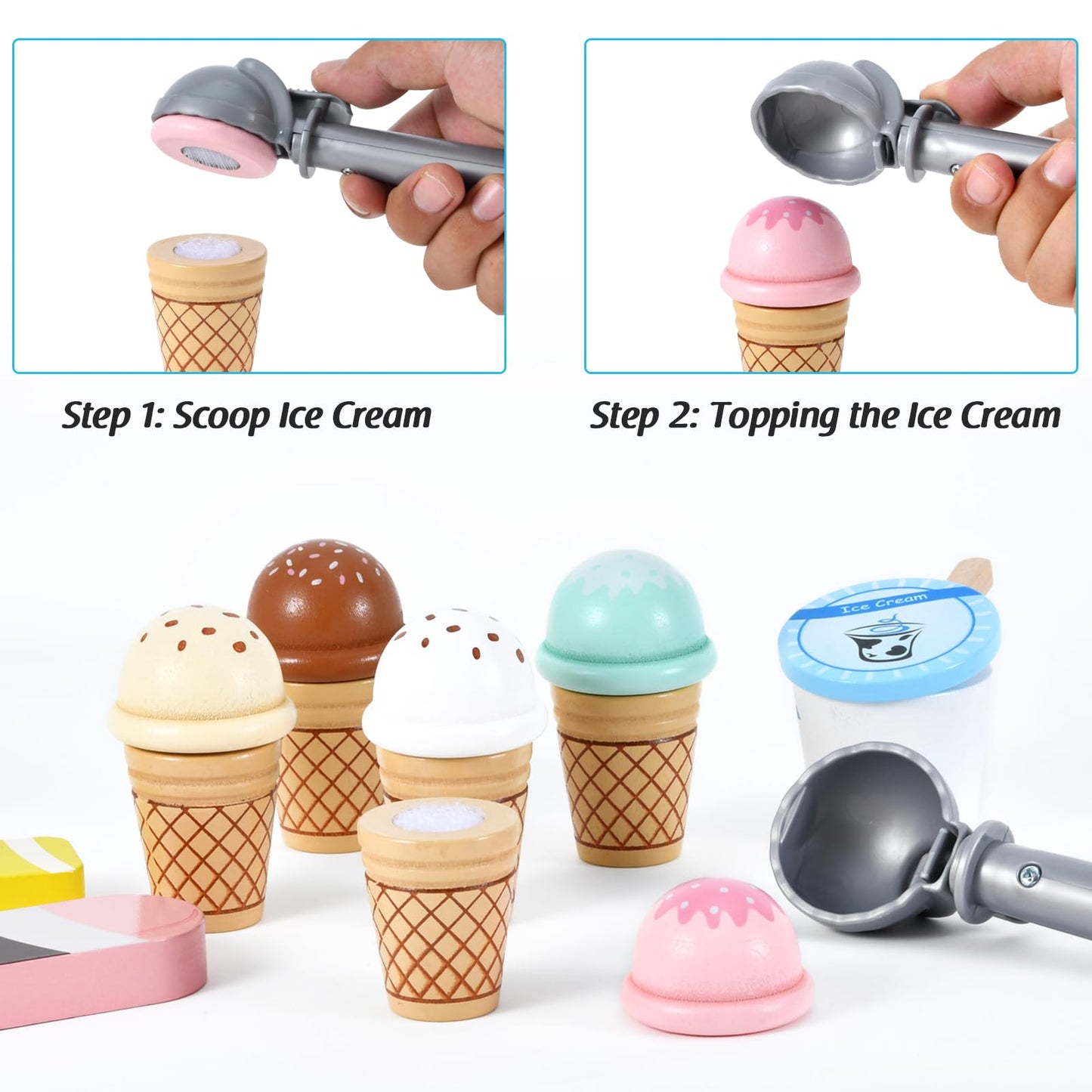 WHOHOLL Wooden Ice Cream Toys Kids Play Store Pretend Toy for Toddlers, Play Kitchen Accessories with Scoop, Menu, Ice Cream Play Set Birthday for 3 4 5 6 Year Old Girls Boys