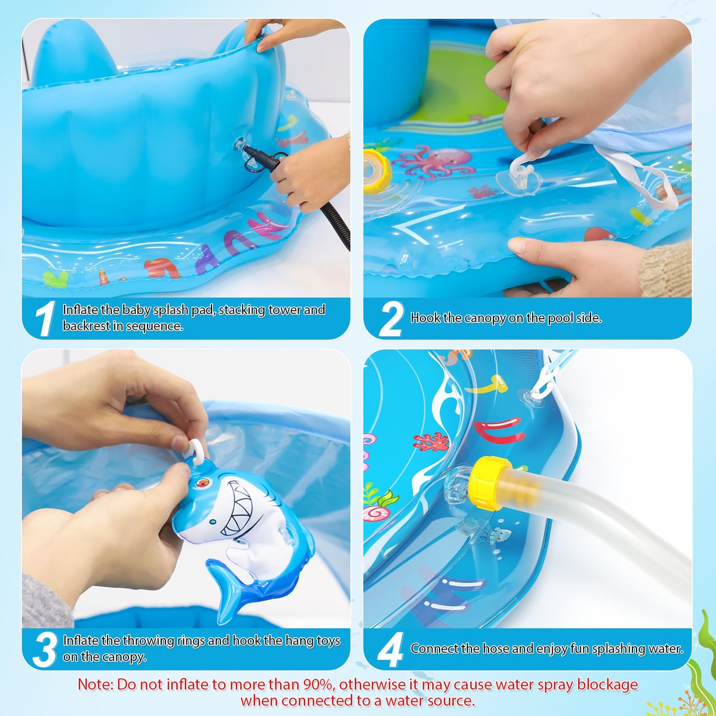 Qmioti Baby Splash Pad with Canopy, Inflatable Baby Pool with Sprinkler, Stackable Rings & Hanging Toys, Water Sprinkler for Kids, Summer Outdoor Water Play Toys for Baby Toddlers