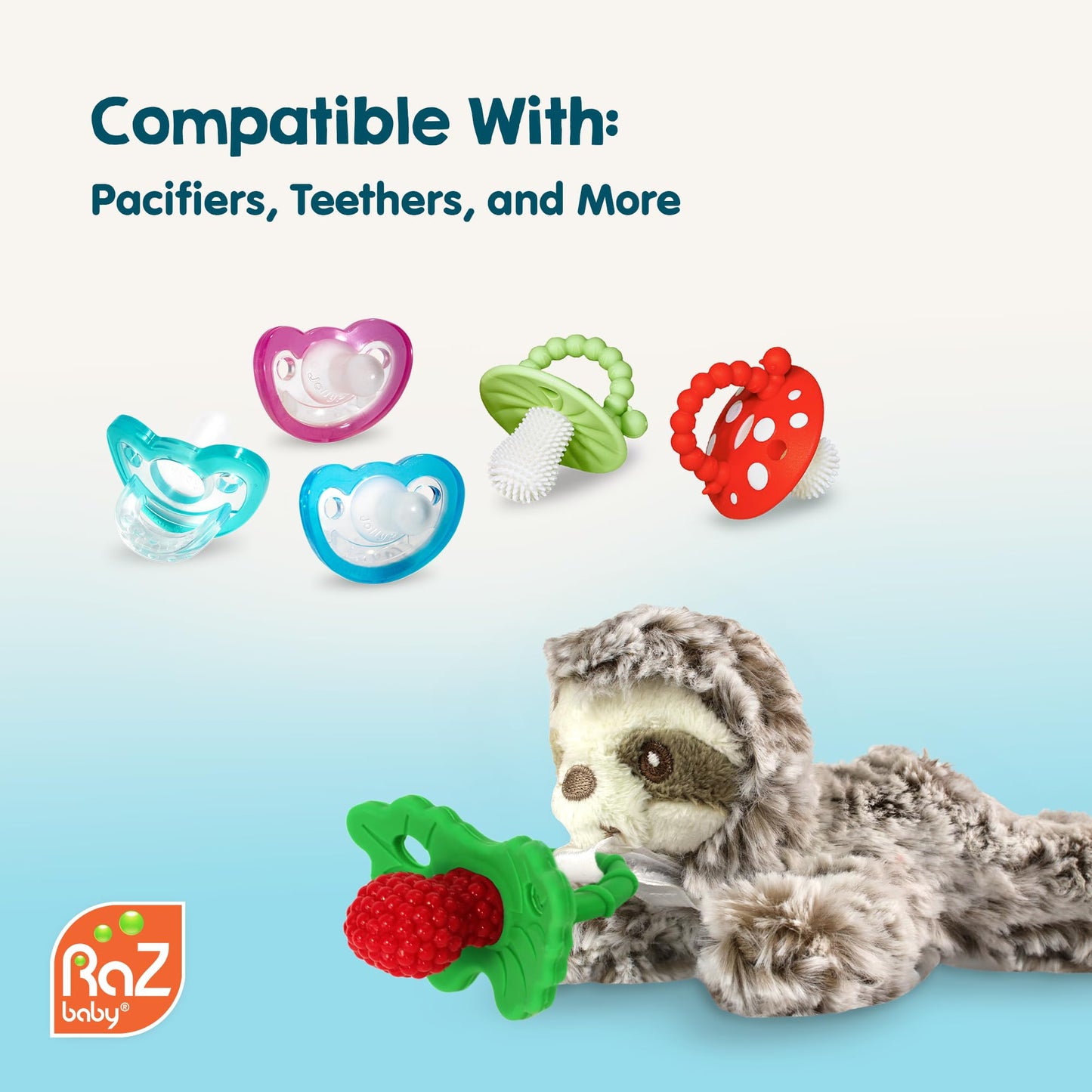 RaZbaby JollyPop Pacifier, Holder w/Detachable Baby Pacifier, Stuffed Animal RaZbuddy, All Ages 0M+, 100% Medical Grade USA Made Silicone, Machine Washable, Textured & Easy to Hold – Lab