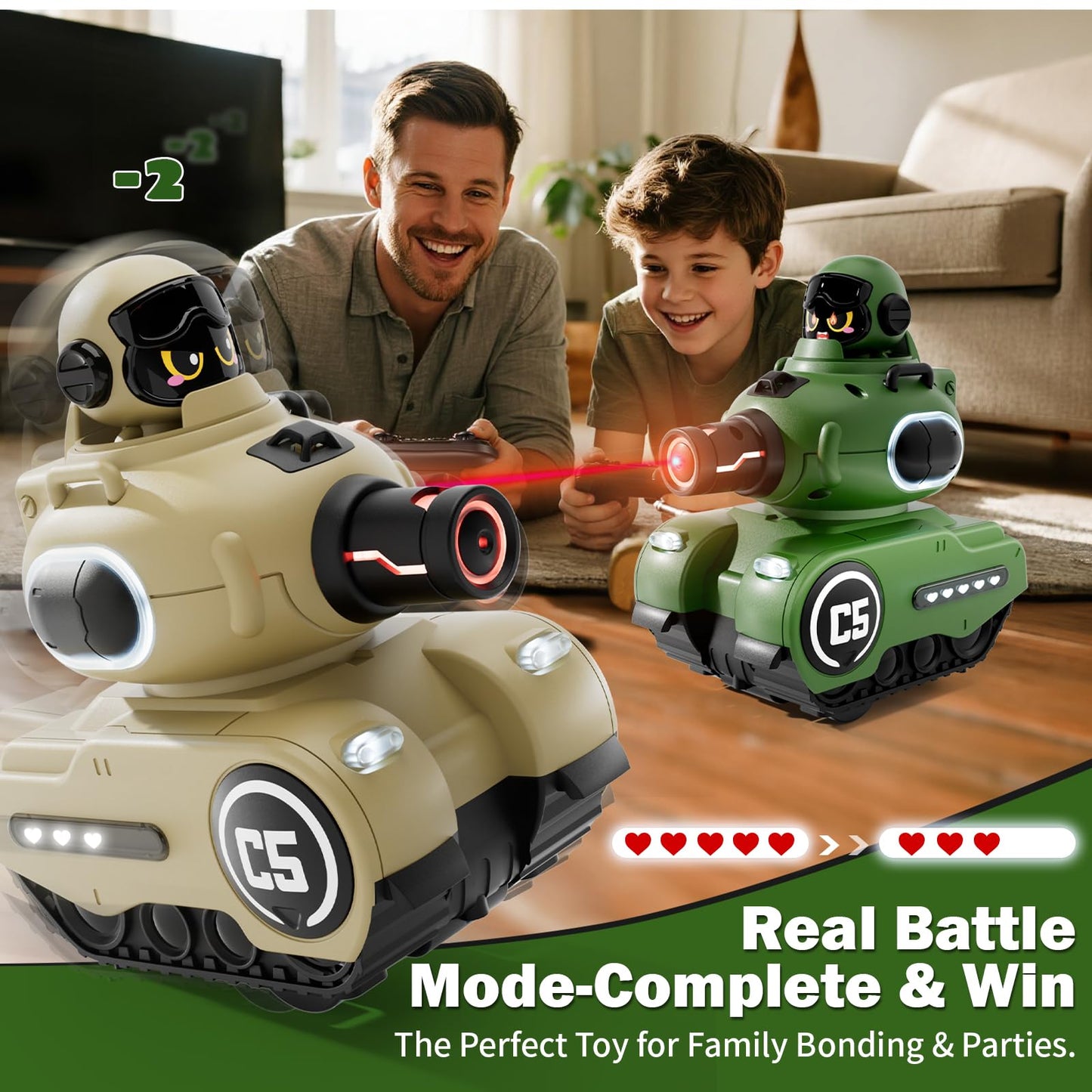 bessome 2 Pack Cute Cartoon Remote Control Battle Tanks with Laser tag|Hobby RC Cars Shoot to Ejected Out|Military Army Toys for 6 7 8 Year Old Boys Girls | Christmas Birthday Easter Gifts for 8-12