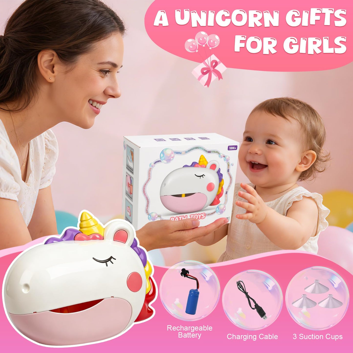 Baby Bath Toys, Unicorn Rechargeable Bath Bubble Machine, Automatic Bubble Maker with 12 Music, Bathtub Shower Water Toys, Toddlers Gifts for Girls Bathroom Toys Kids Ages 1-3 4-8