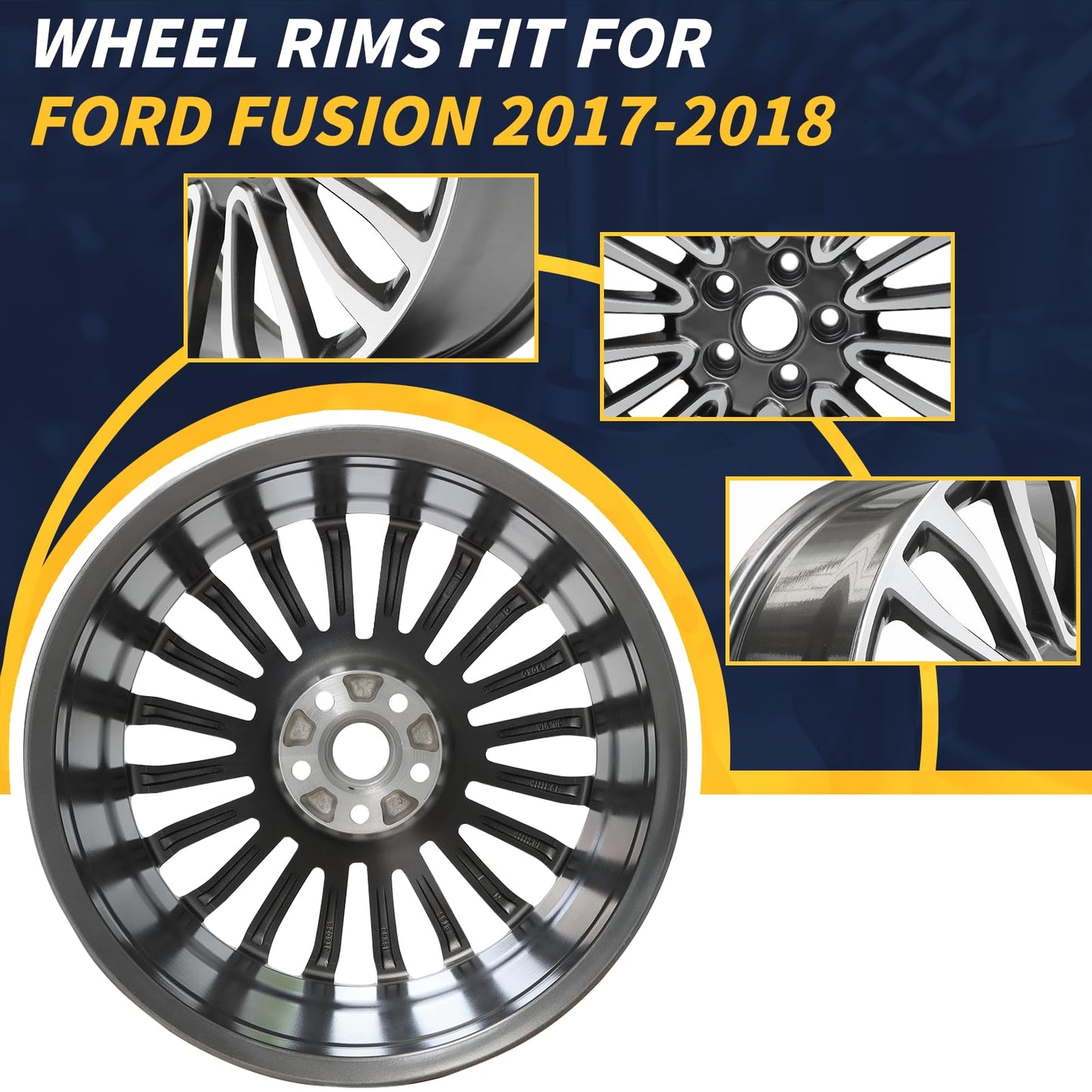 LUNEGUE 18inch Single 18x8 Machined Charcoal Wheel Rims Fit for Ford Fusion 2017 2018 OEM Design Replacement Rim