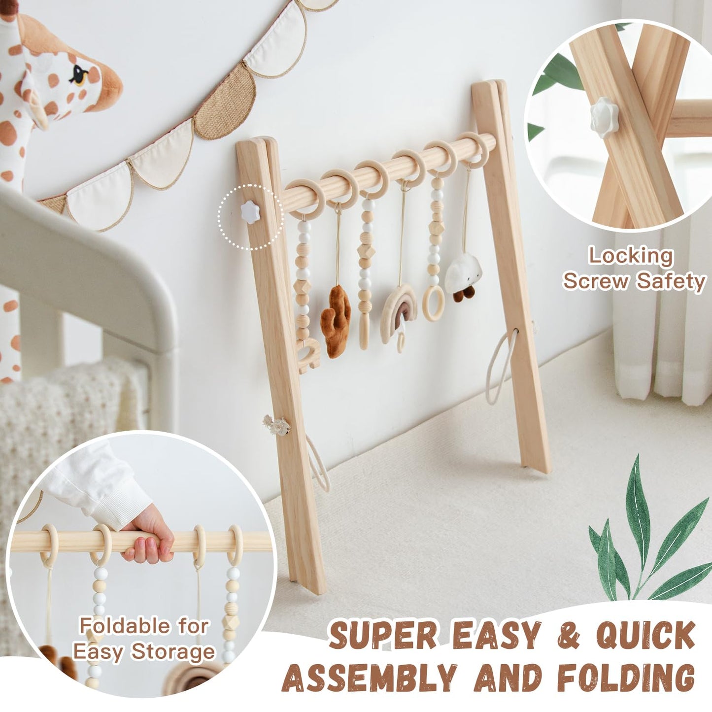 Razee Wooden Baby Play Gym Activity Mat, Leaf Shaped Play Mat Baby Gym with 6 Hanging Sensory Toys Foldable Baby Gym Newborn Infant Baby Use