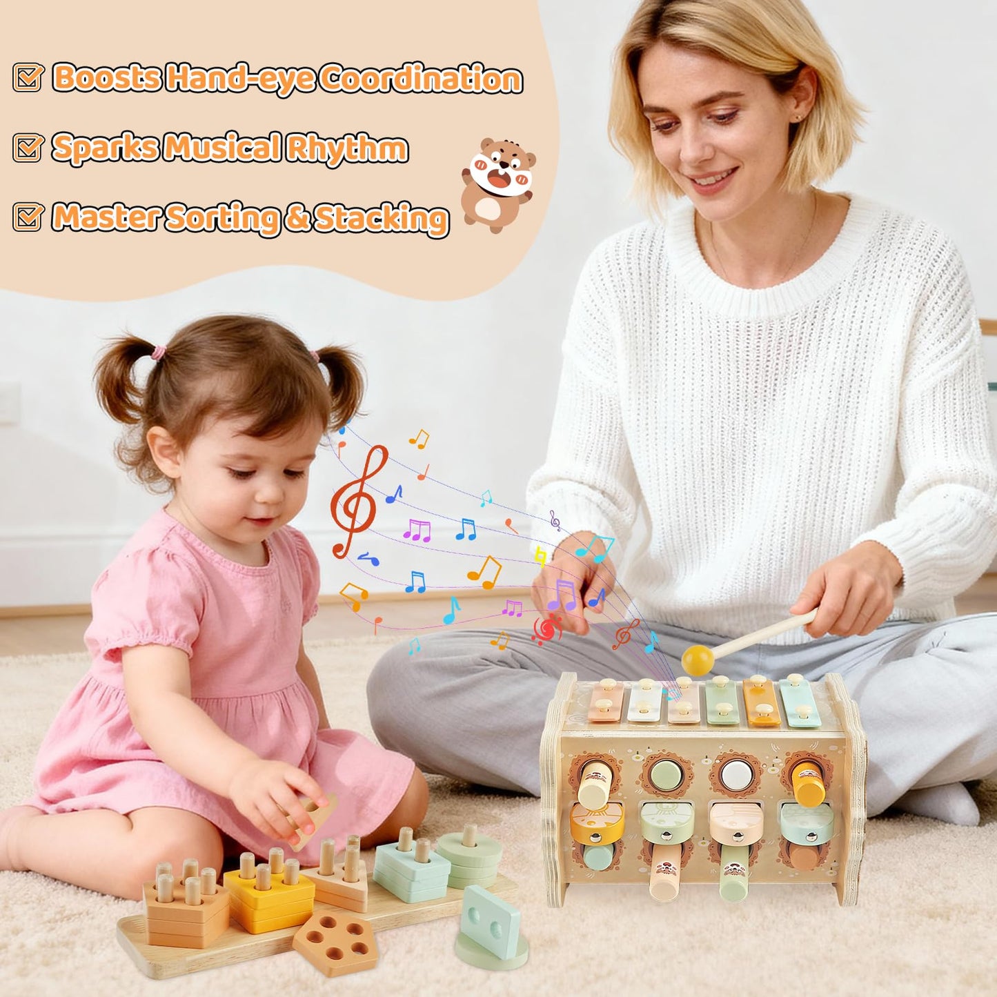 Wooden Montessori Toys for 1 Year Old, Pounding Hammering Toy with Xylophone & Fishing Game, Car Ramp Toy, Stacking Blocks & Shape Sorter 3 in 1 Wooden Toddler Toys 1 2 3 for Christmas Easter Gifts