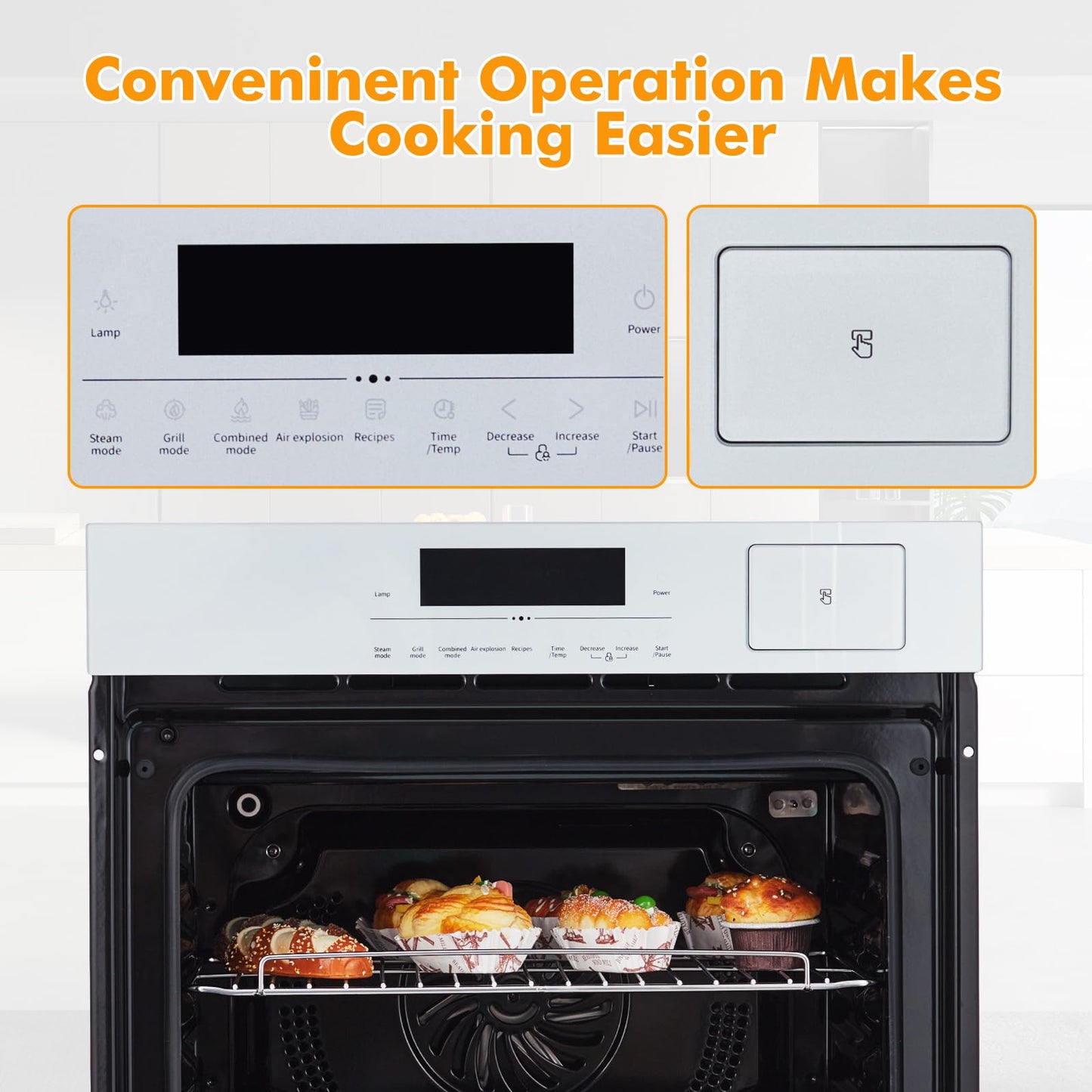24" Single Wall Oven, Built-in Ovens with Steam and Air Fry Function, 5 Automatic Recipes, 3000W, 240V, 2.5 CF Convection Electric Oven, Stainless Steel, Touch Control, Timer, Safety Lock