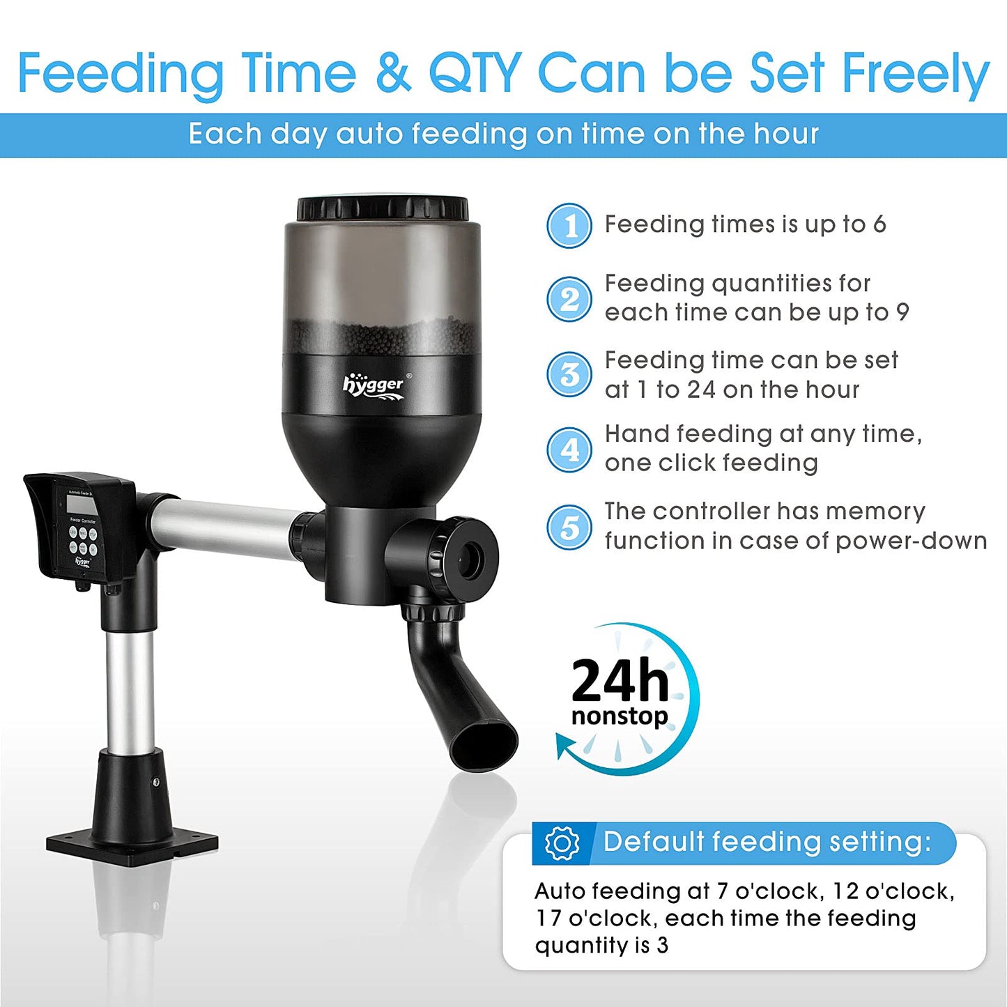 hygger LCD Control Automatic Pond Fish Feeder, Capacity 5.5L,DC 12V