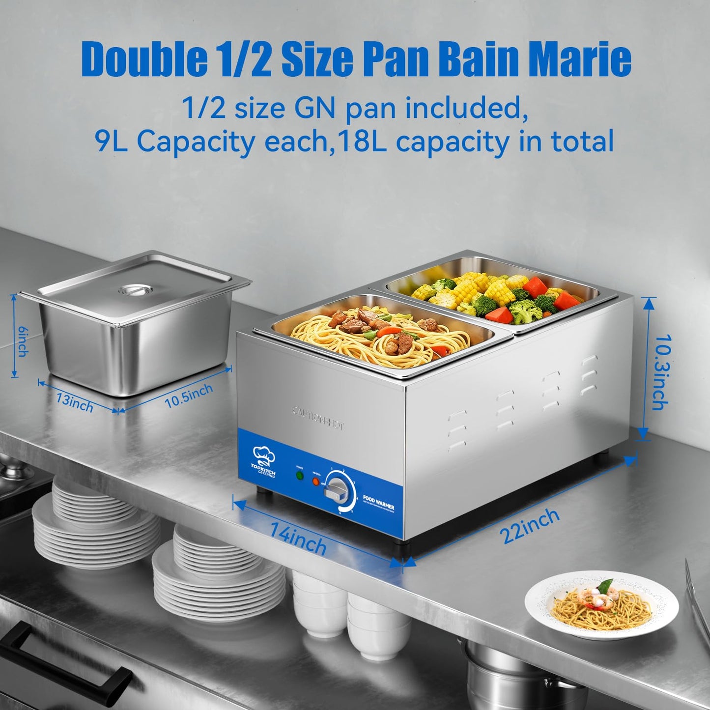 TOPKITCH 2-Pan Commercial Food Warmer with Non-Leakage Stretch-Forming Water Tank &2 of 1/2 Size GN Pan,18L Countertop Steam Table Soup Station Bain Marie for Buffet,Catering,Parties and Restaurants
