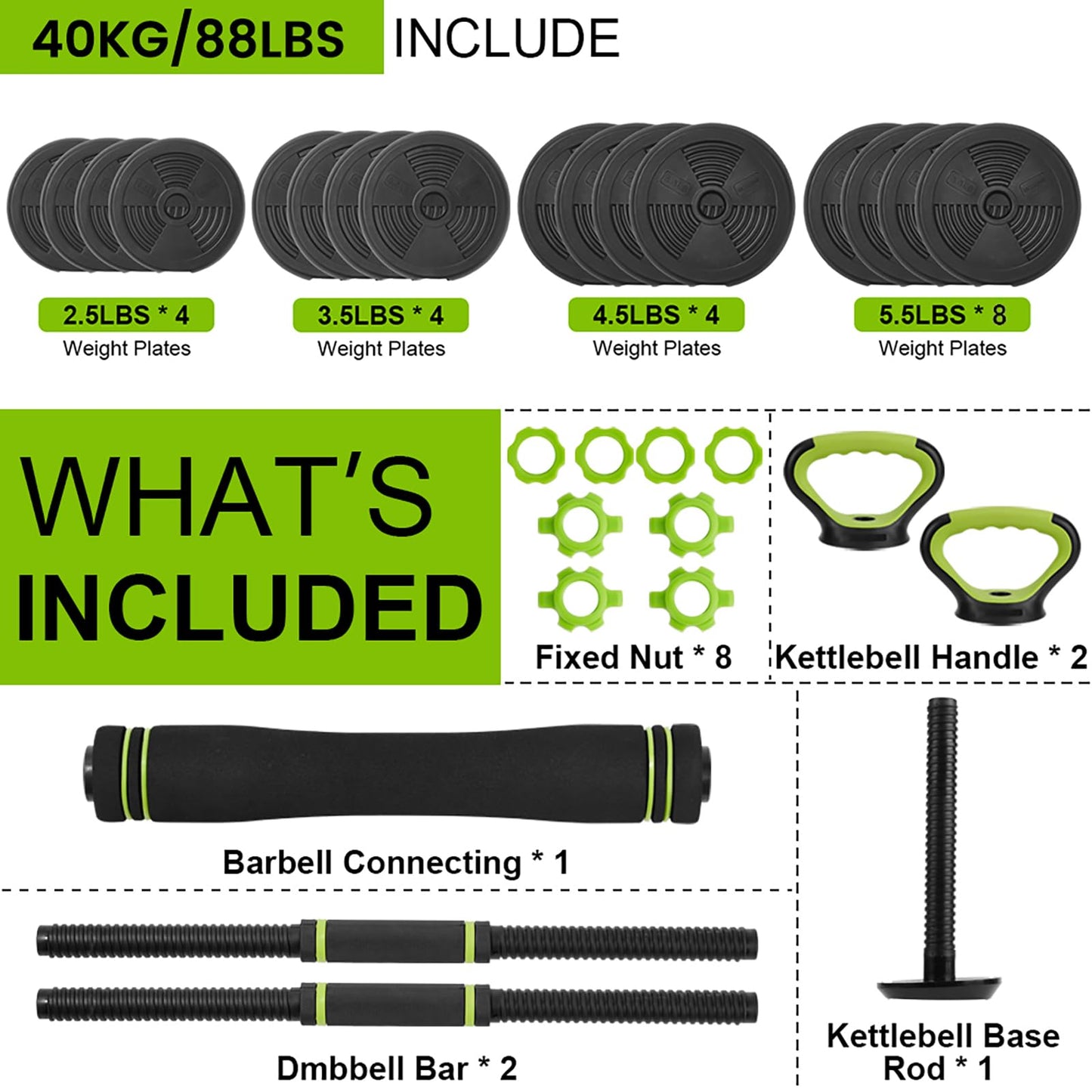 Adjustable Dumbbell Set,88Lbs Free Weight Set with Connector, 4 In1 Dumbbells Set Used As Barbell, Kettlebells, Push Up Stand,Green and Black,Round