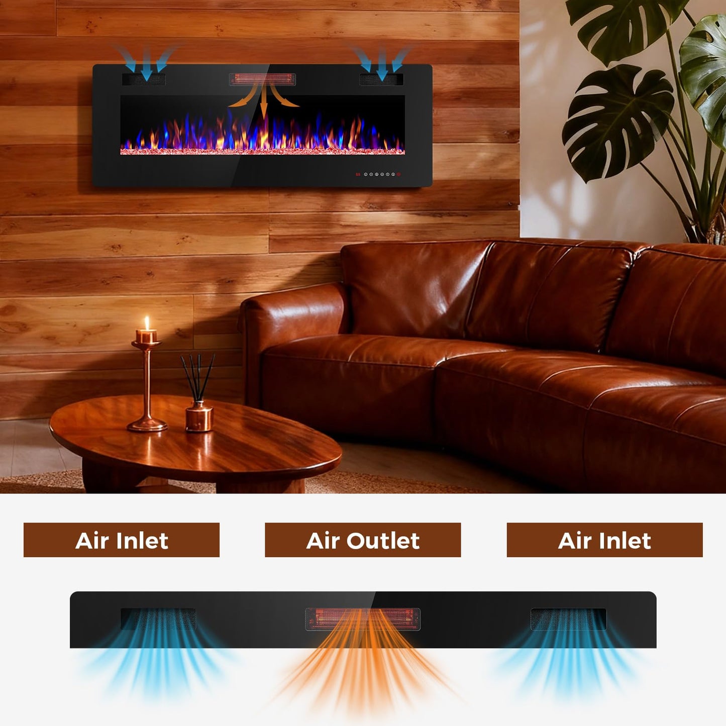 Electactic 50 Inch Electric Fireplace Insert Ultra-Thin - Recessed & Wall-Mounted Fireplace Heater with Thermostat, Adjustable Flame, Remote Control - Linear with Timer, Touch Screen, 750/1500W