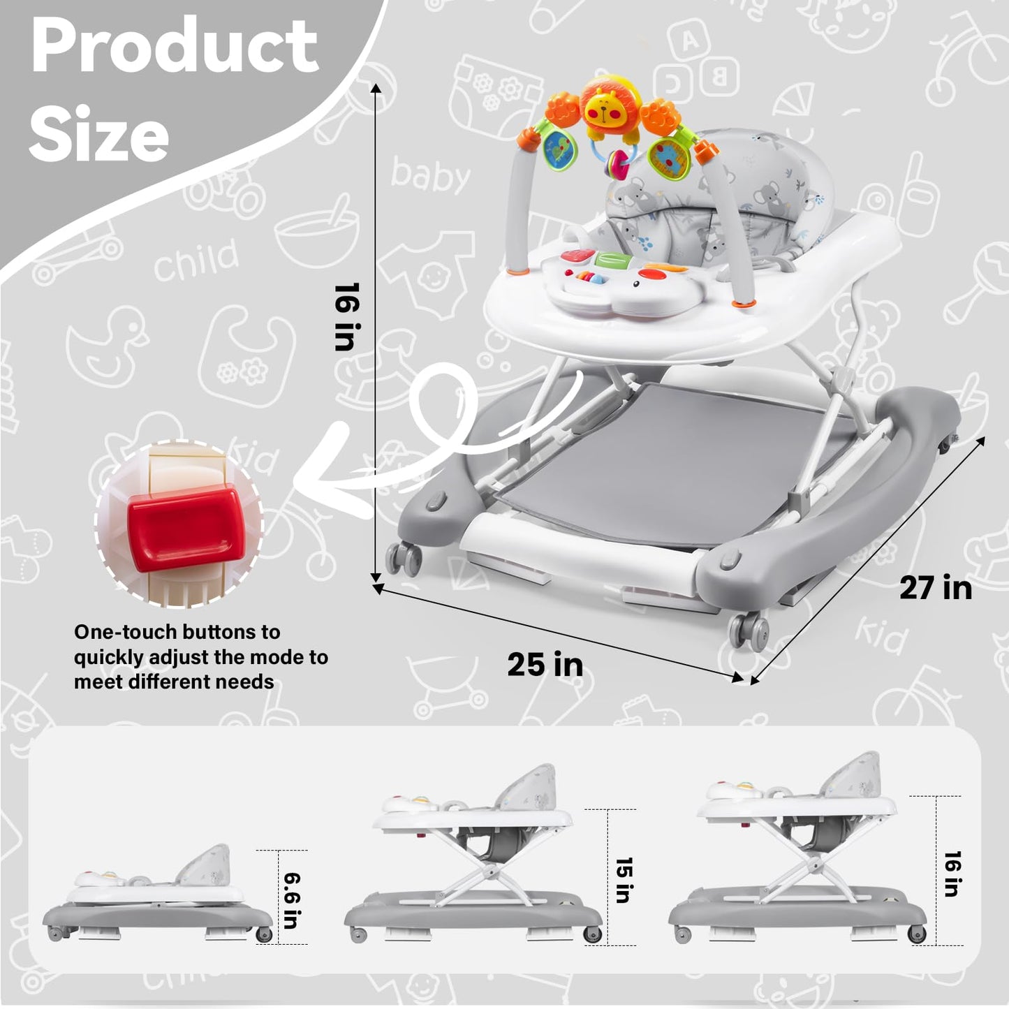 RefoereBabe Baby Walker, 5 in 1 Baby Walkers for Boys Girls 6-12 Months, Foldable Walkers for Babies with Bouncer & Feeding Tray, Music, Adjustable Heights, Activity Walker for Infant