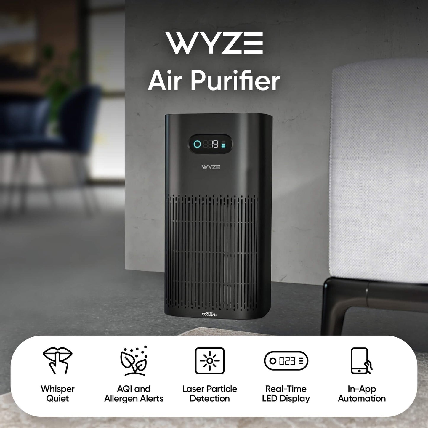 Wyze Air Purifier with Wildfire Filter (Special), for Living Room, Kitchen, HEPA 13, 21db Quiet, with Sleep Mode, Air Cleaner for Smoke, Pollen, Dander, Hair, 550 sq ft, Smart WiFi Alexa Google, Black