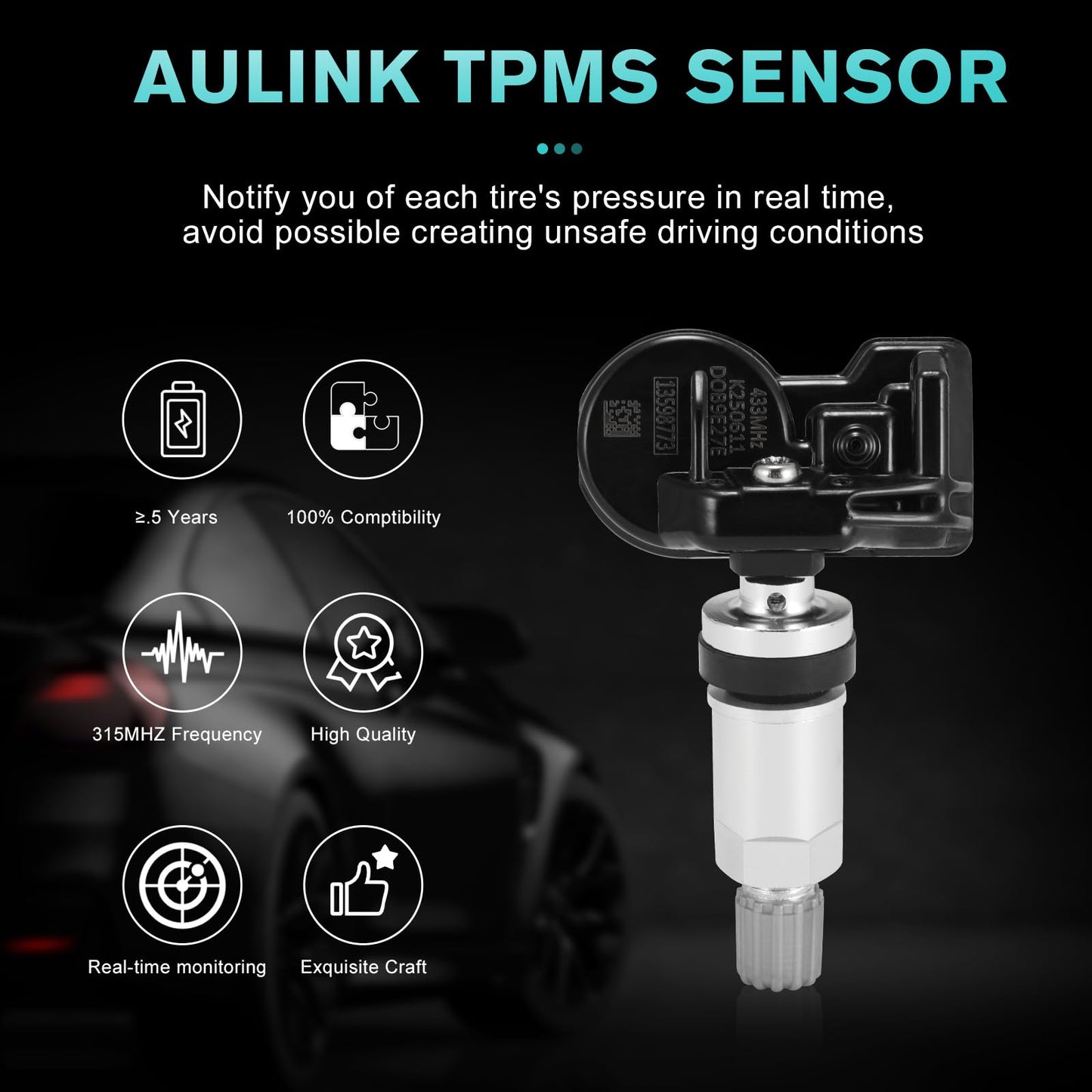 AULINK TPMS Sensor 13598773 433MHZ Compatible with Chevy GMC Cadillac Buick, for Chevrolet Malibu Silverado Impala Cruze Regal Lacrosse, Tire Pressure Monitoring Sensor Replaces# 13516165 4PCS