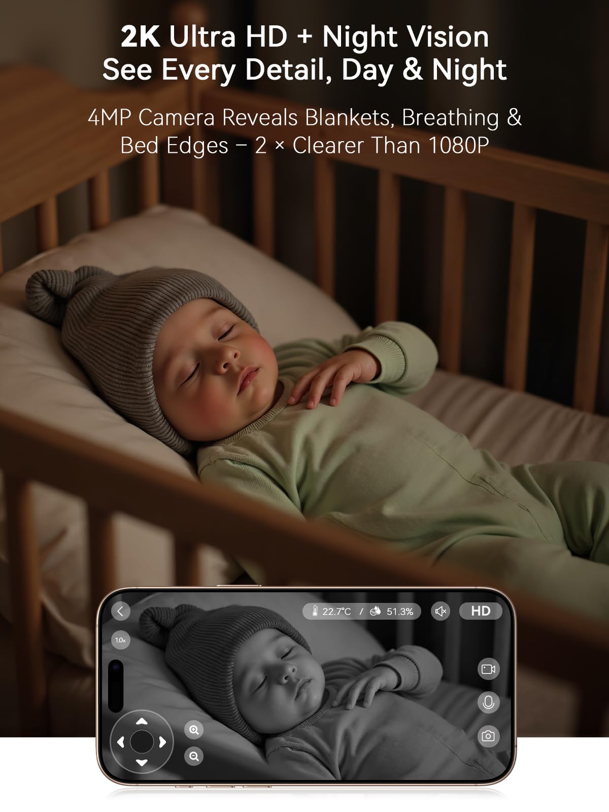 Outinput 2K 4MP WiFi Baby Monitor with Camera and Audio, App Control PTZ, Crying/Feeding/Temp/Humidity Alerts, Night Vision wtih Gentle Light, Soothing Lullabies for Baby Sleep, Cloud&Local Storage