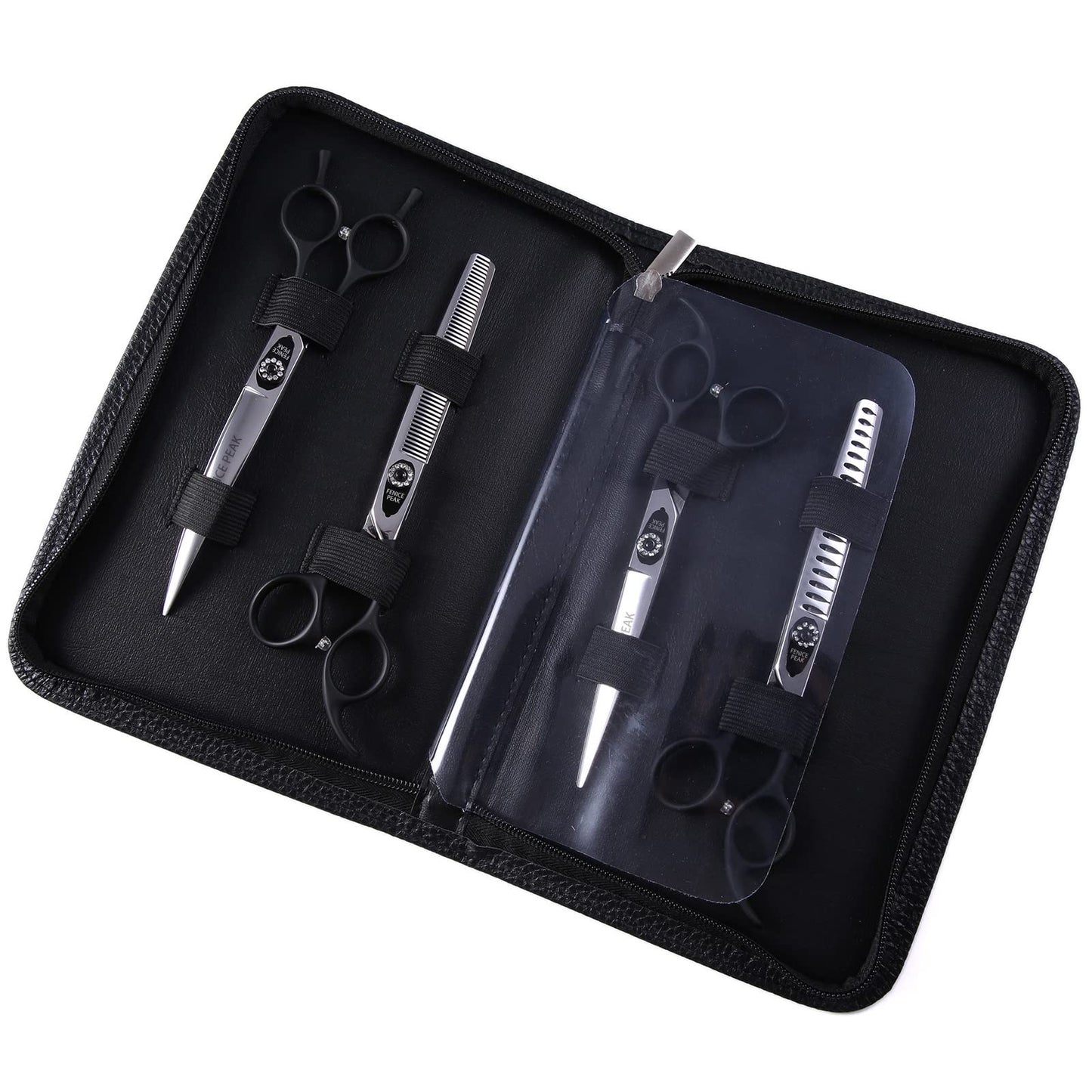 Fenice Peak 7.5'' Professional Dog Grooming Scissors Set with Black Non-Slip Handle 440C Stainless Steel Straight Thinning Curved Chunker Shears 4pcs Set for Pet Grooming Services